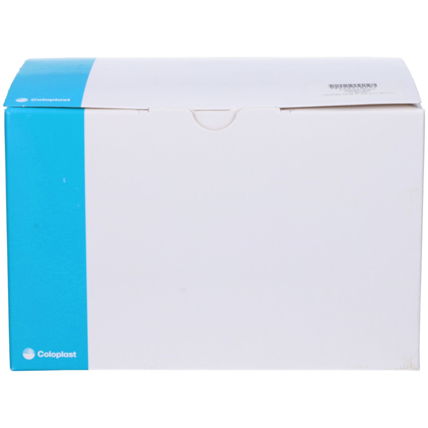 Scatola bianca con striscia blu. Logo Coloplast. Parte superiore con apertura.