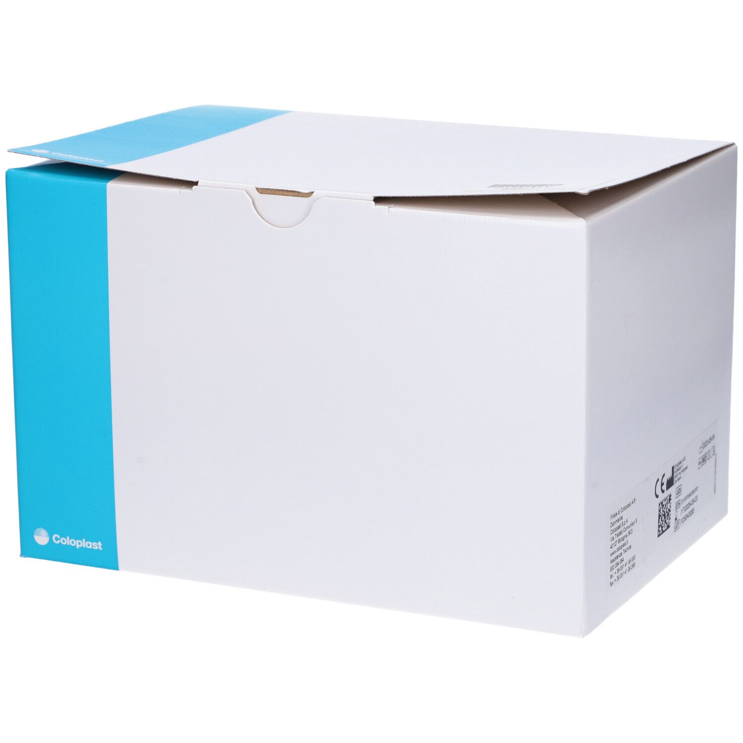 Confezione in cartone bianco con accento blu. Logo Coloplast visibile.