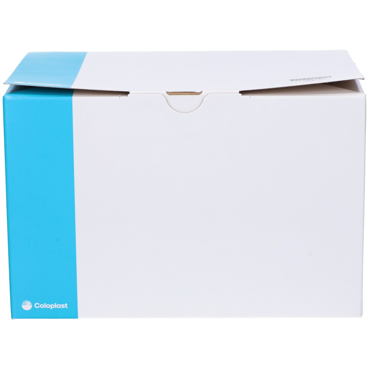 Confezione in cartone bianco con accento blu. Logo Coloplast.