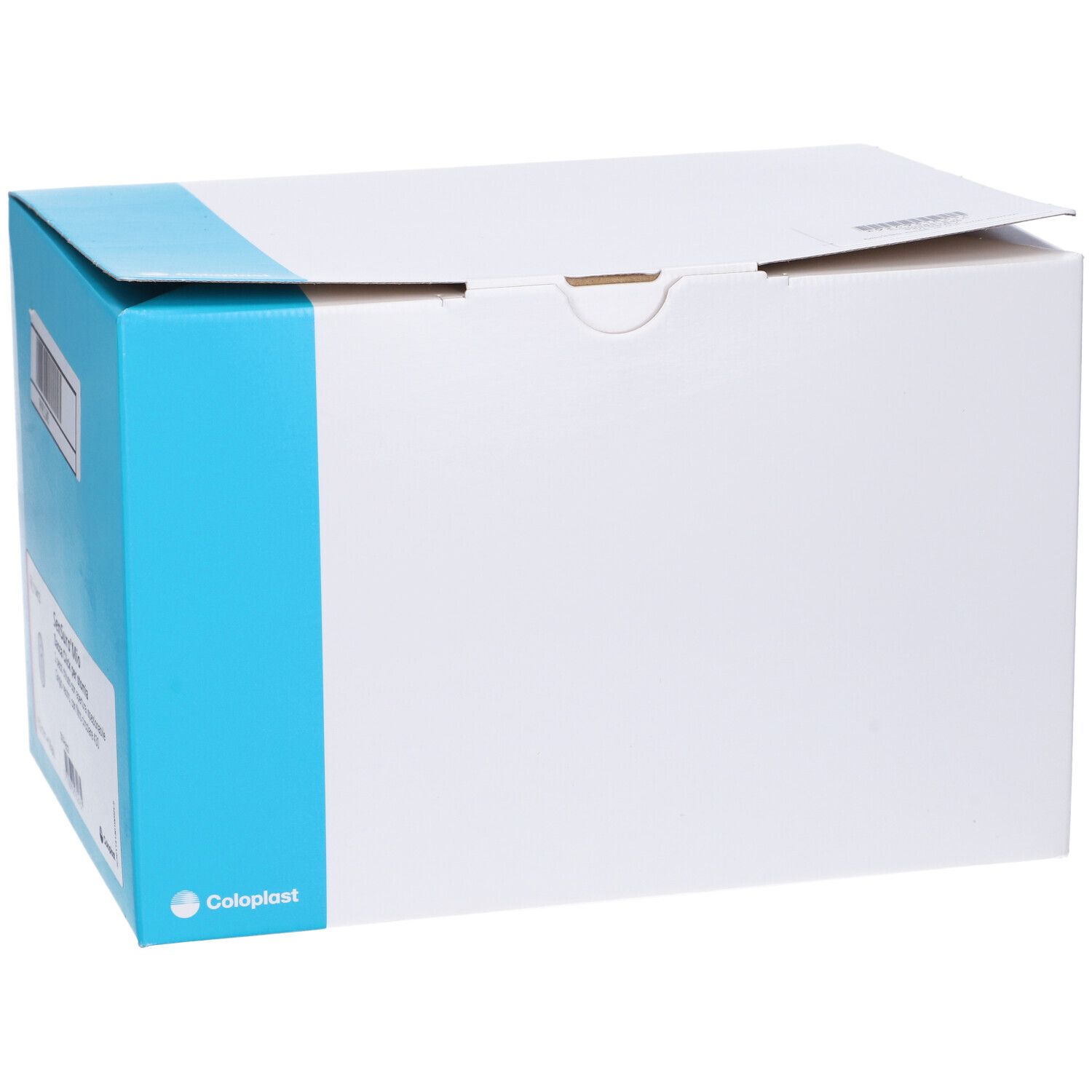 Confezione in cartone con accento blu. Logo Coloplast e informazioni sul prodotto.