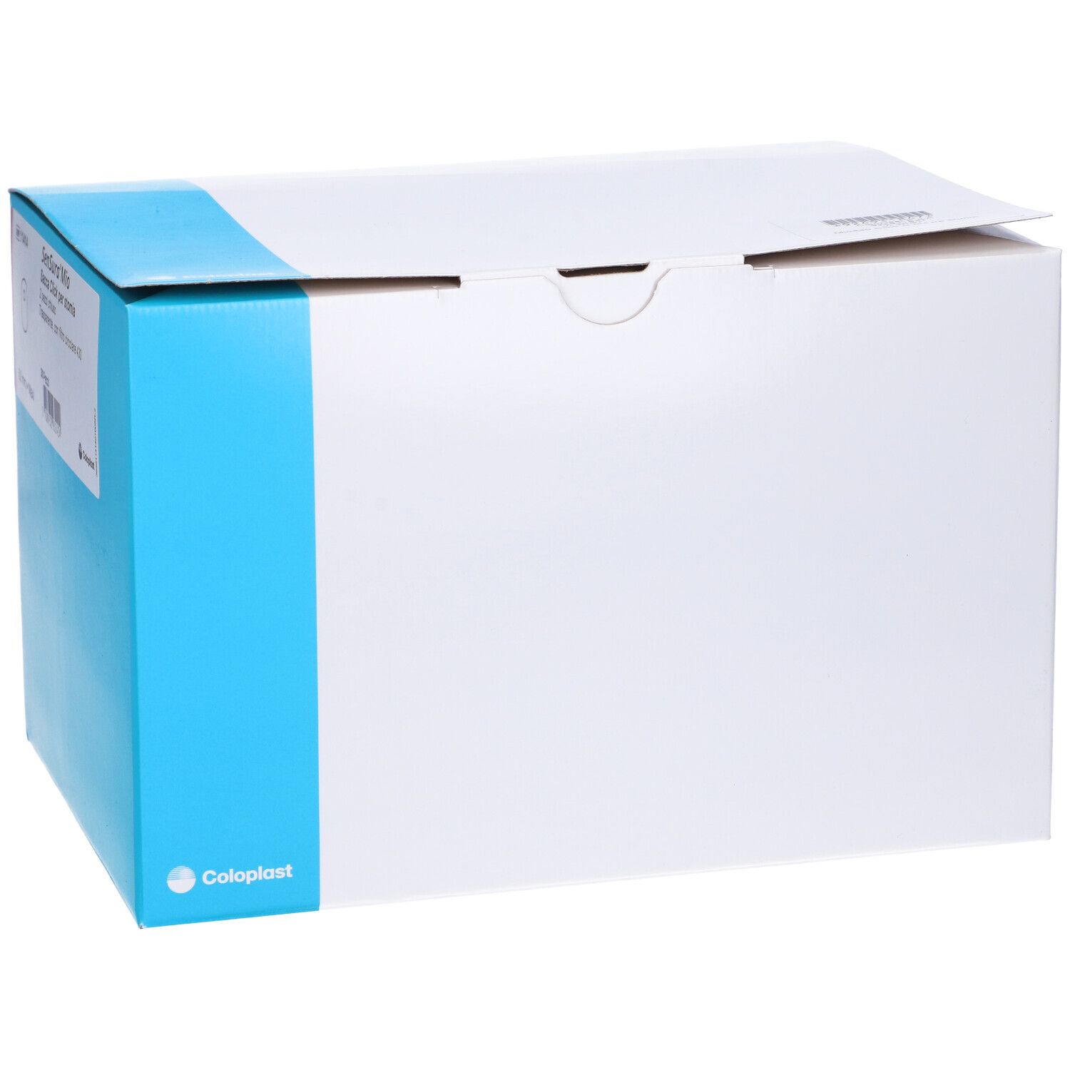 Confezione prodotto con lato blu. Logo Coloplast. Testo.