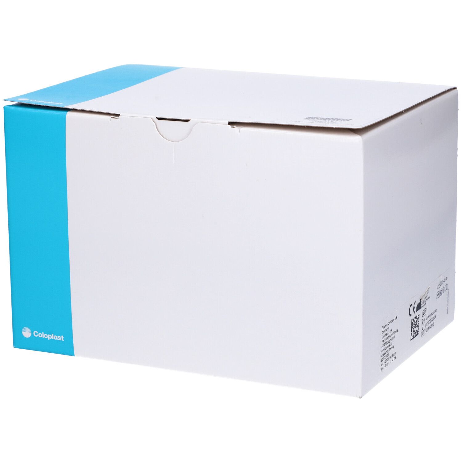 Scatola bianca con striscia blu. Logo Coloplast. Stampe e codice a barre sul lato.