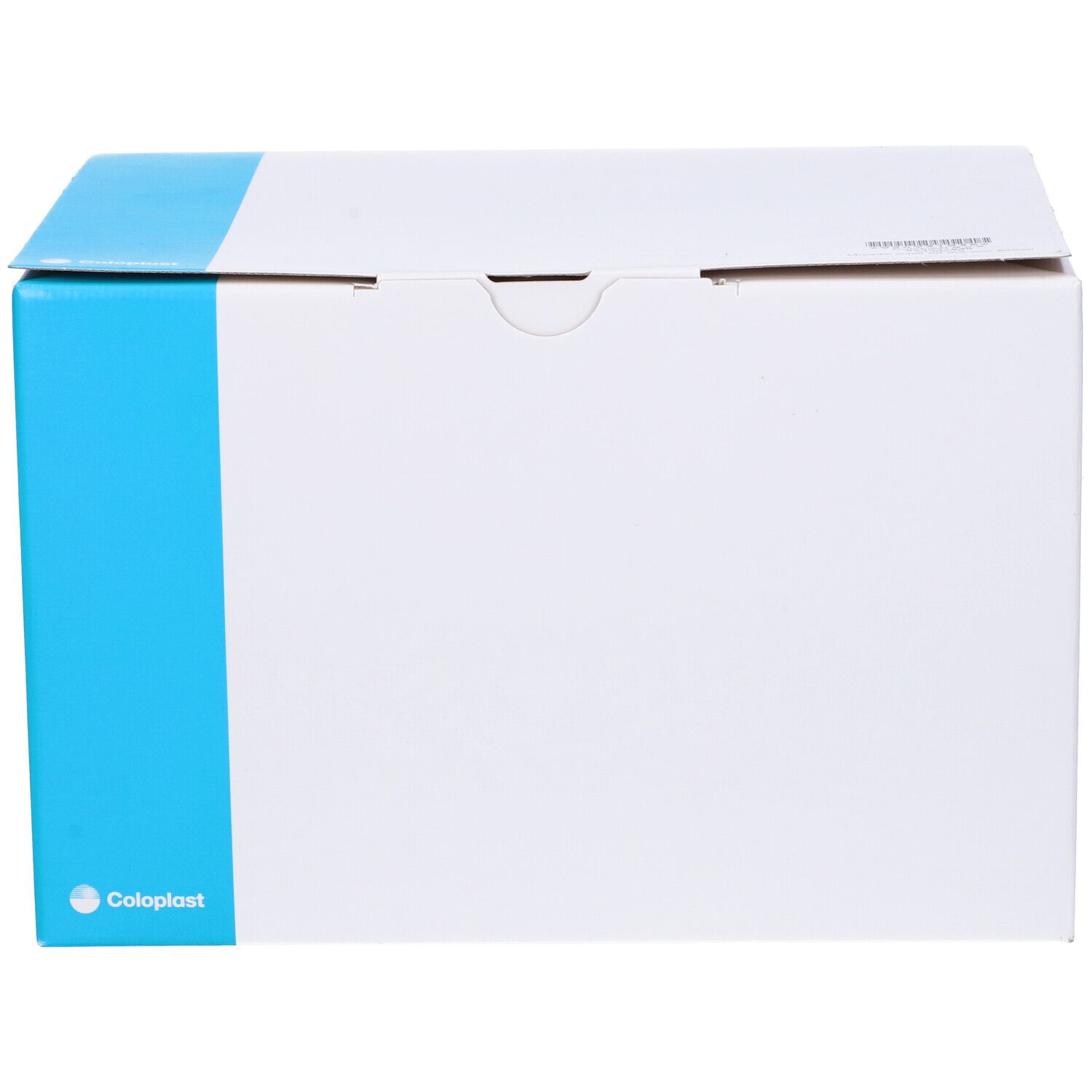 Scatola con striscia blu. Logo Coloplast. Parte superiore con stampe.