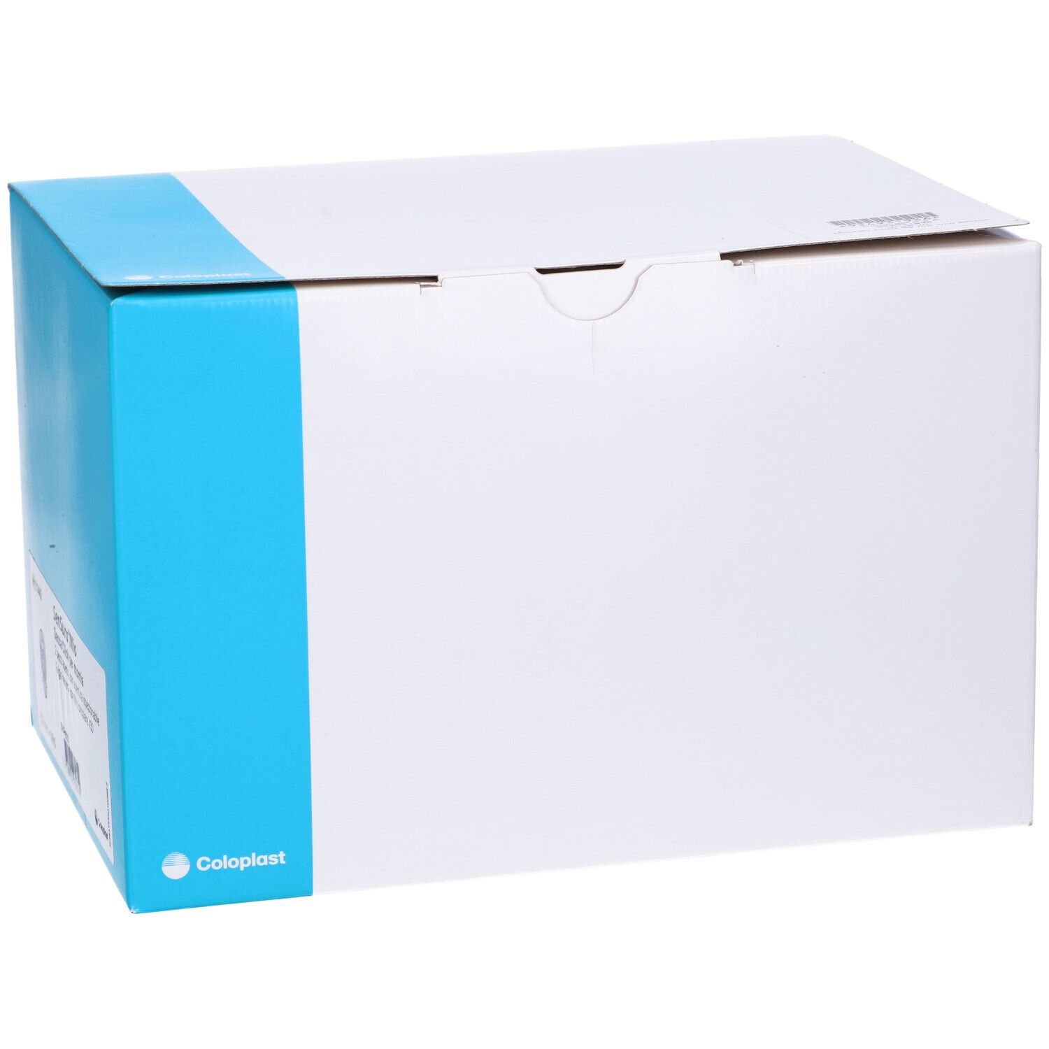 Scatola con striscia blu. Logo Coloplast. Parte superiore con stampe.
