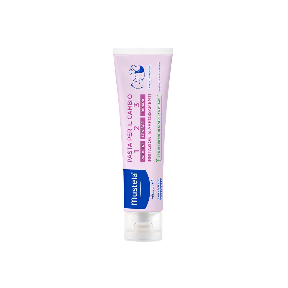 Mustela Windelcreme Tube mit 3 Schritten: Vorbeugen, Beruhigen, Reparieren. Laktase-frei, dermatologisch getestet.