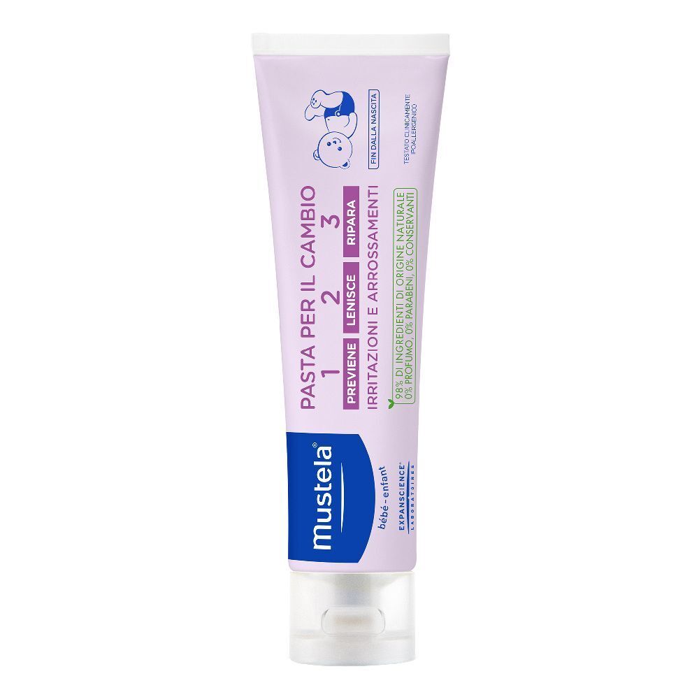 Tubo lilla con tappo bianco. Scritta: Pasta per il cambio, 1, 2, 3. Marchio Mustela.