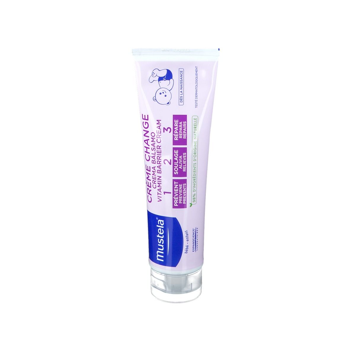 Tubo lilla con tappo bianco. Scritta: Crème change, 1, 2, 3. Marchio Mustela.
