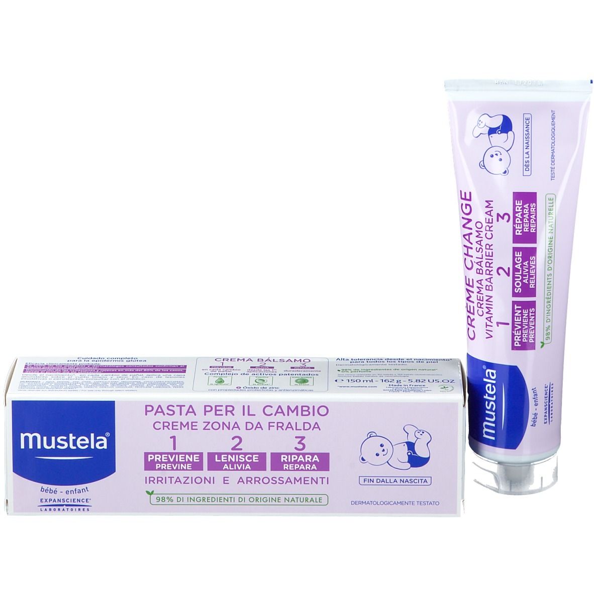 Confezione del prodotto con tubo e scatola. Tubo: Crème change, 1, 2, 3. Scatola: Pasta per il cambio.