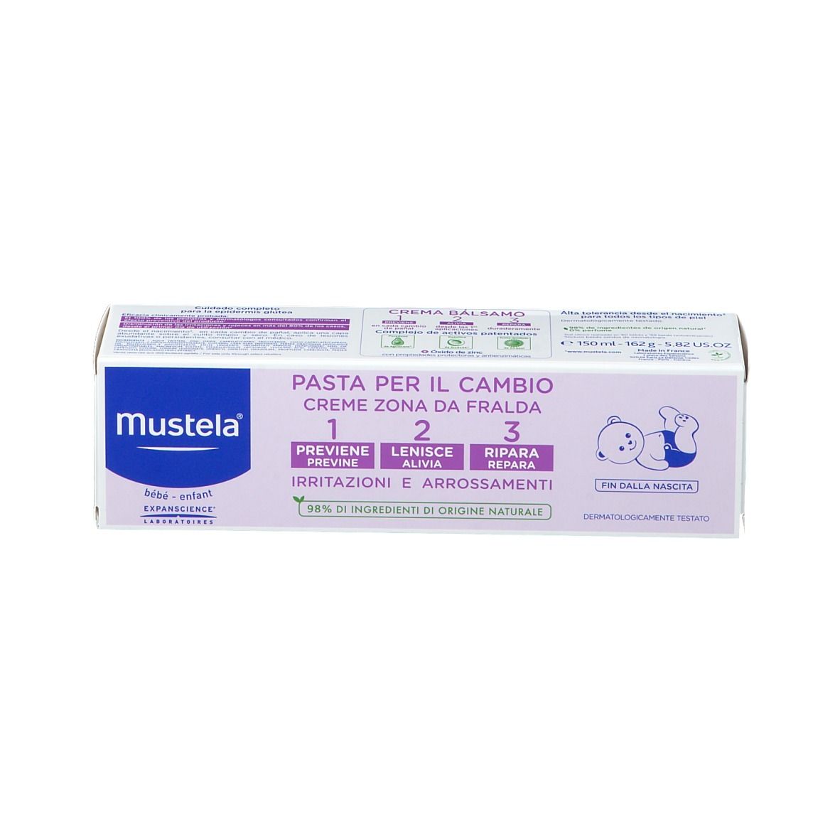 Confezione del prodotto. Scritta: Pasta per il cambio, Crème zona da fralda, 1, 2, 3. Marchio Mustela.