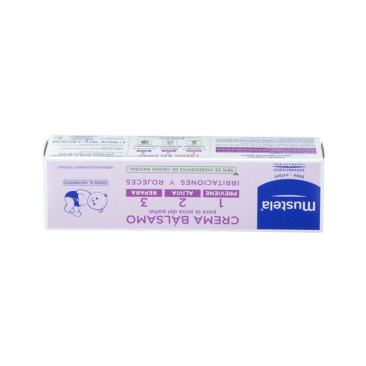 Confezione del prodotto. Scritta: Crème balsamo, 1, 2, 3. Marchio Mustela.