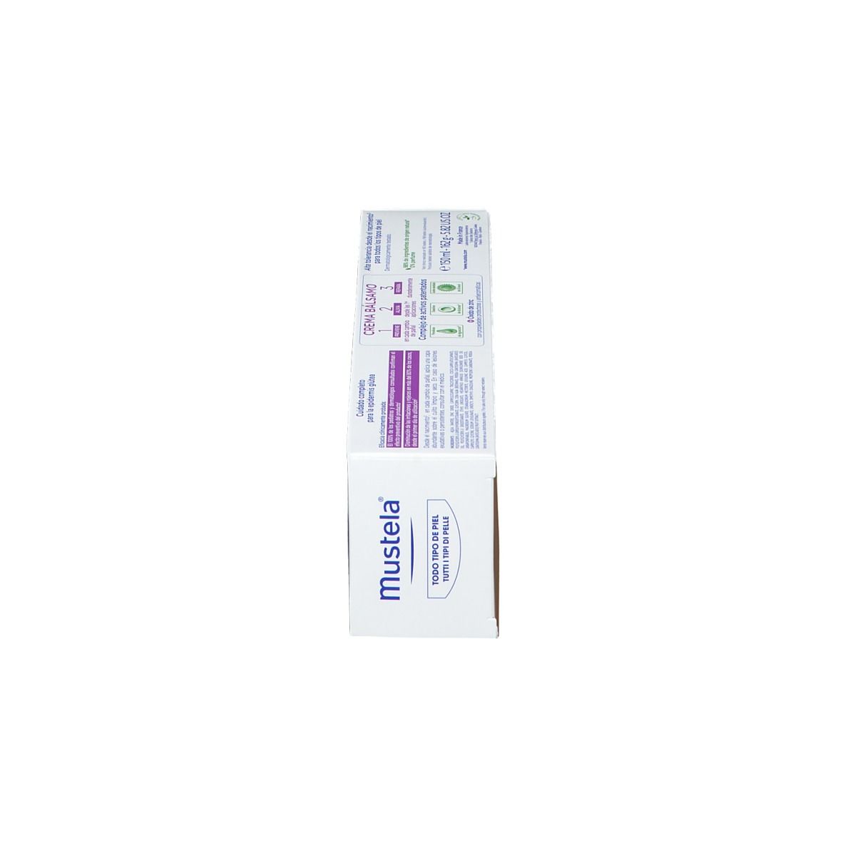 Confezione del prodotto. Lato con testo in più lingue. Marchio Mustela.