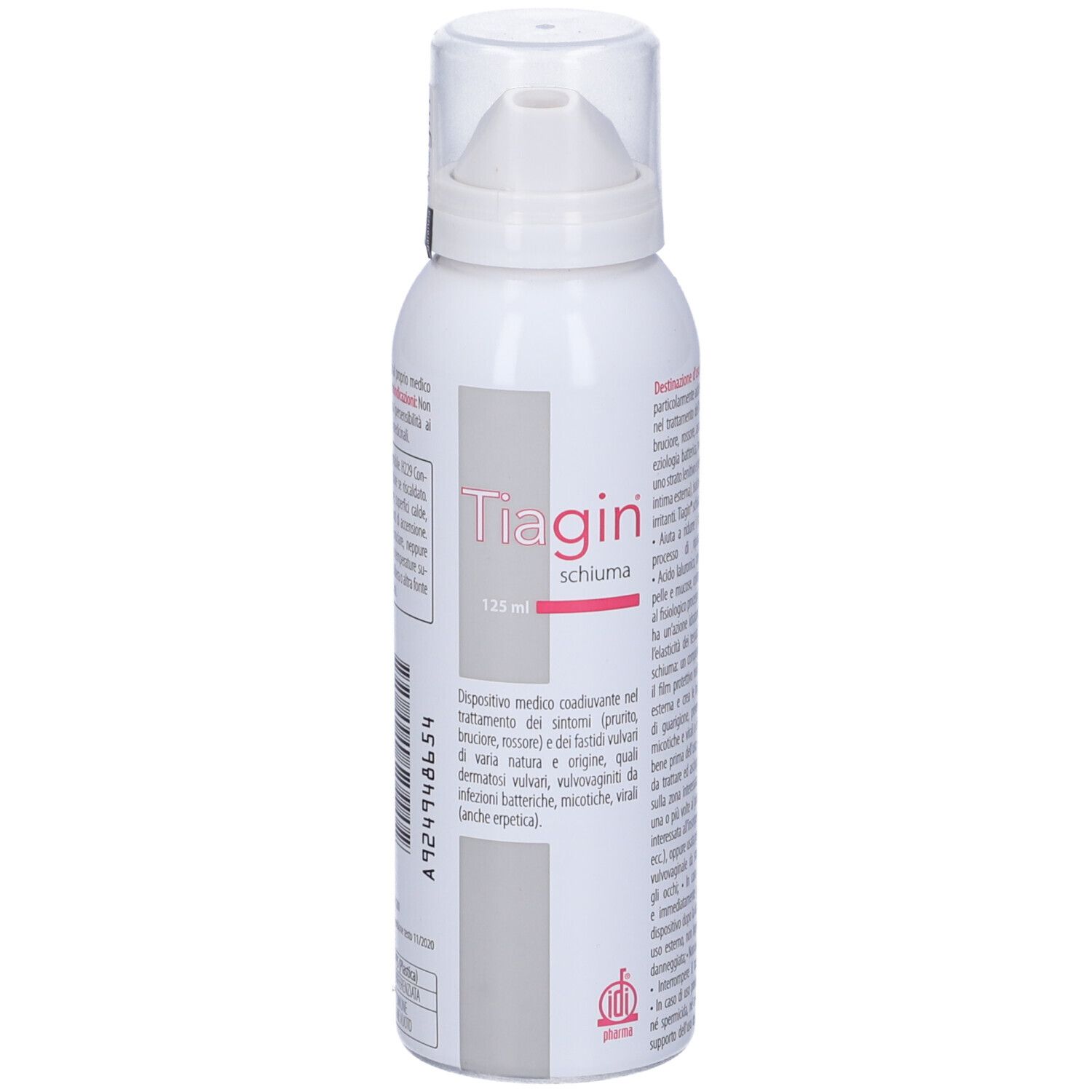 Flacone bianco con erogatore a spruzzo. Nome del prodotto Tiagin e testo visibili. 125 ml. Dispositivo medico.