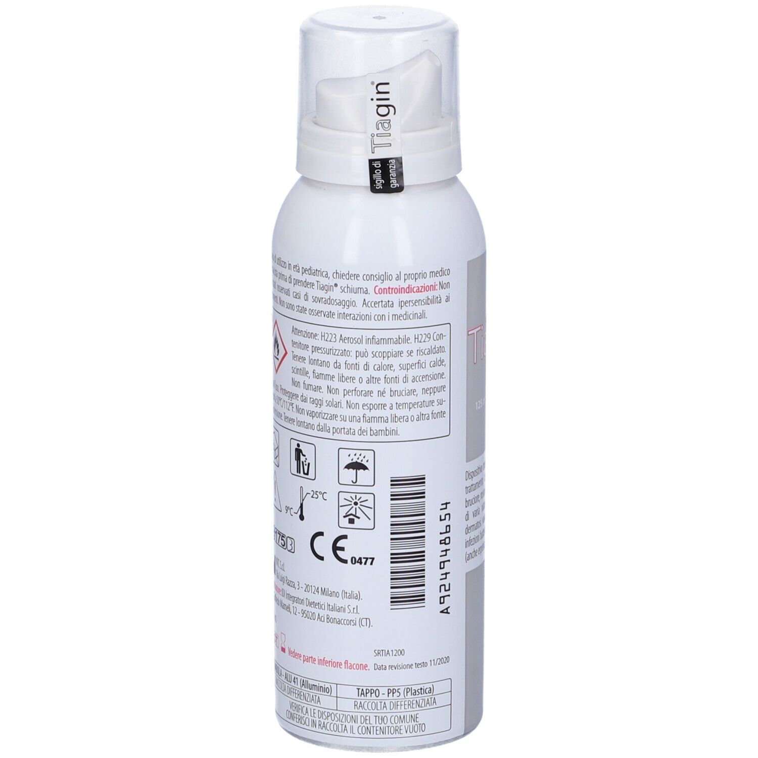 Flacone bianco con erogatore a spruzzo. Testo e avvertenze visibili. Marchio CE. Retro del prodotto.