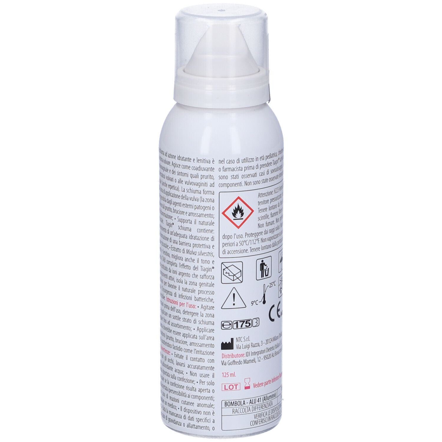 Flacone bianco con erogatore a spruzzo. Testo e avvertenze visibili. Retro del prodotto. 125 ml.