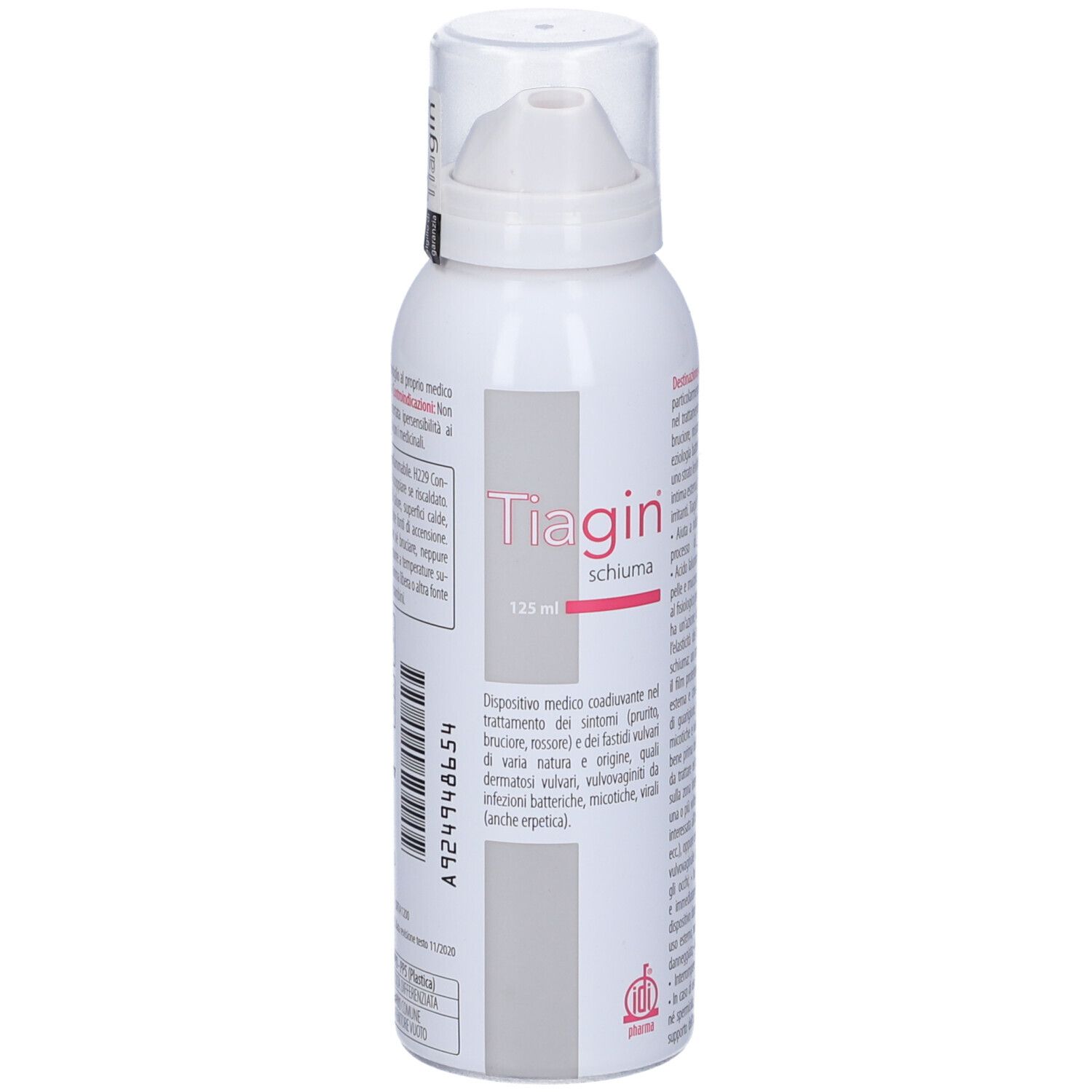 Flacone bianco con erogatore a spruzzo. Nome del prodotto Tiagin e testo visibili. 125 ml. Dispositivo medico.