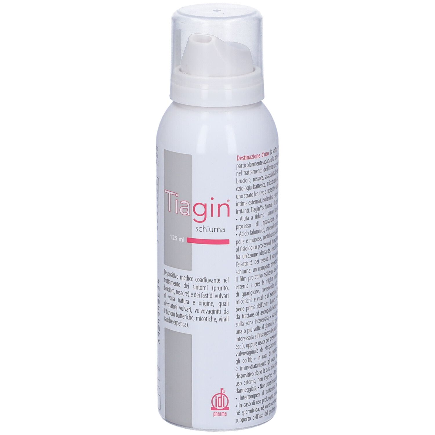 Flacone bianco con erogatore a spruzzo. Nome del prodotto Tiagin e testo visibili. 125 ml. Dispositivo medico.