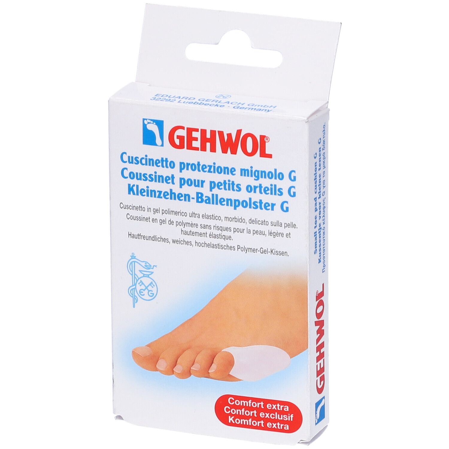 Confezione Gehwol aperta. Illustrazione di un piede e nome del prodotto. Scatola bianca con prodotto.