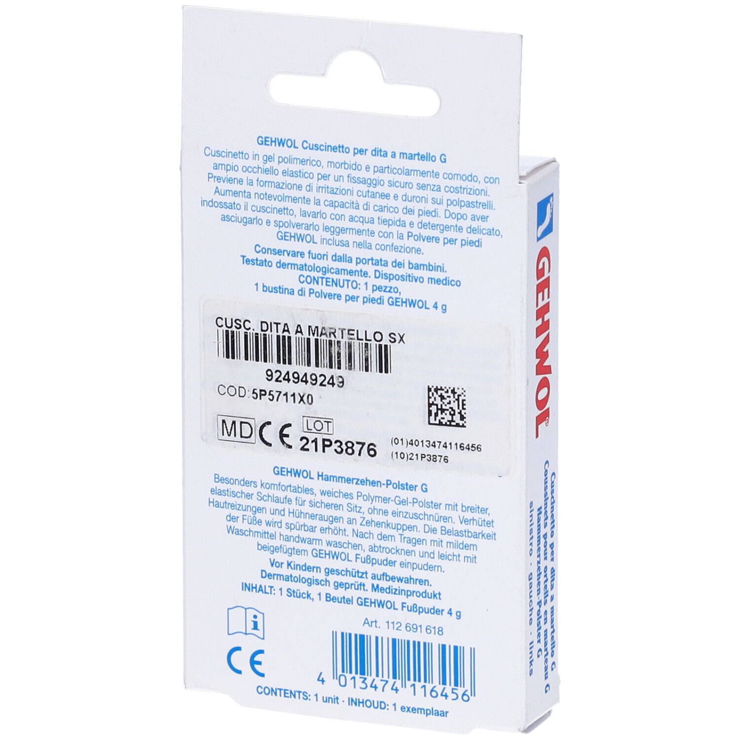 Rückseite der Gehwol-Verpackung. Enthält Informationen zum Produkt: Cuscinetto per dita a martello SX, 1 Stück, Puder.