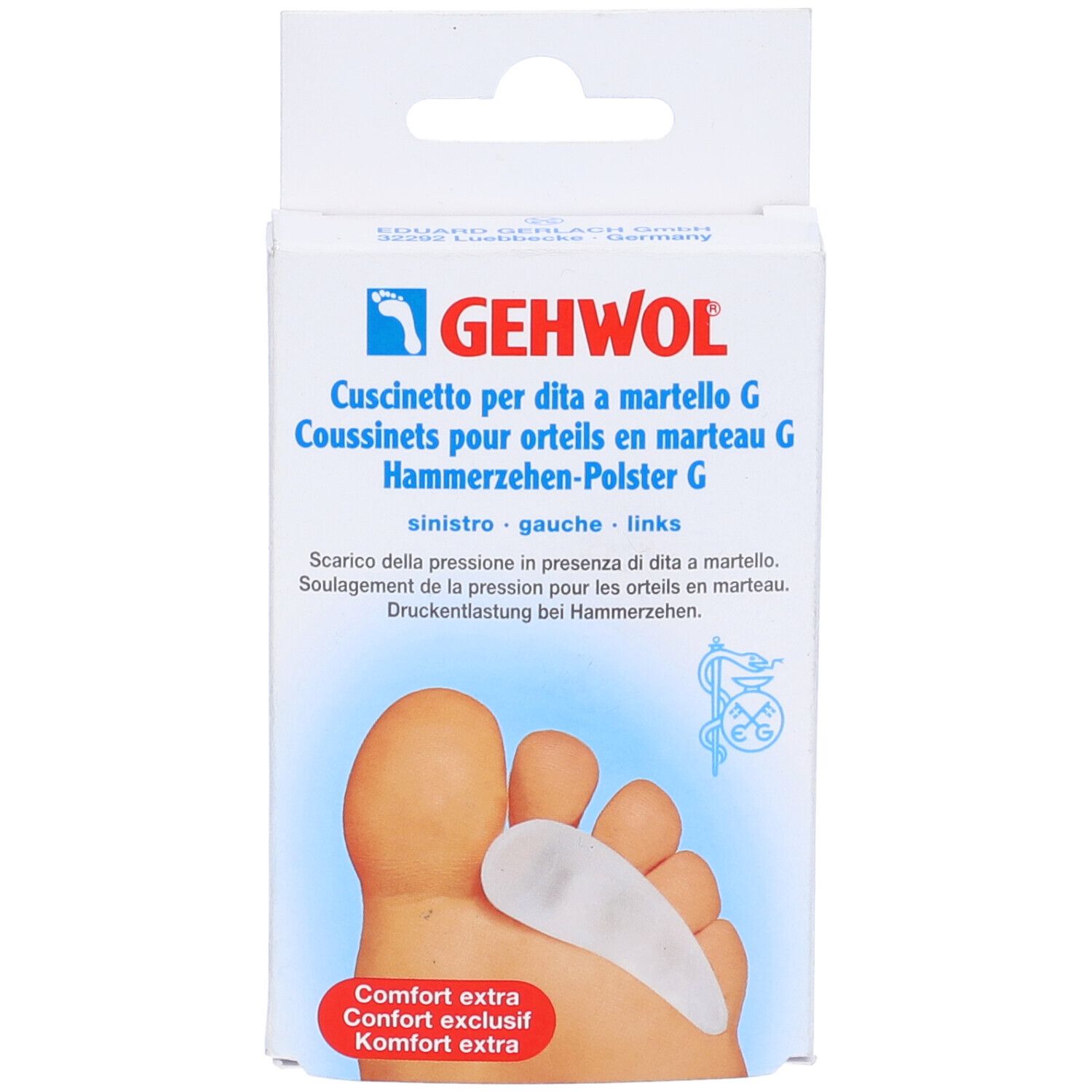 Gehwol-Produktverpackung. Zeigt ein Fußpolster für Hammerzehen. Text: Cuscinetto per dita a martello G.