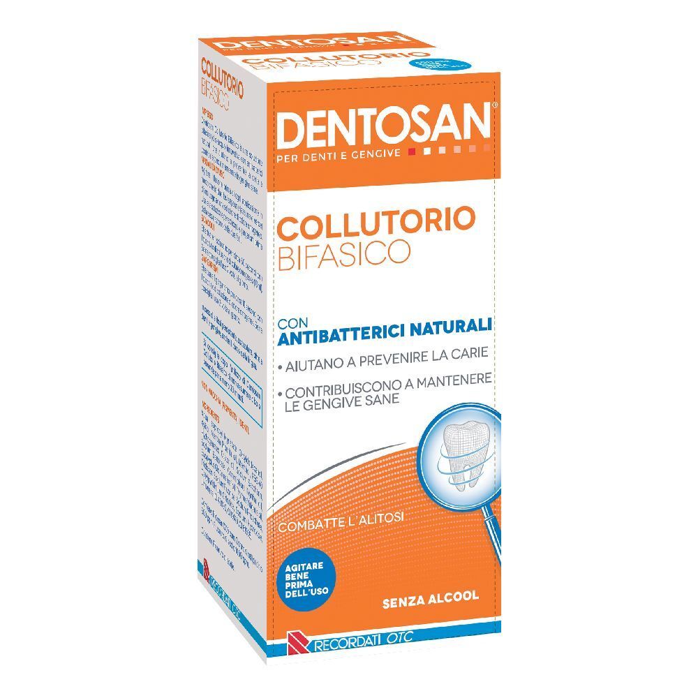 Confezione in cartone DENTOSAN. Design arancione e bianco. Contiene informazioni su ingredienti e utilizzo.