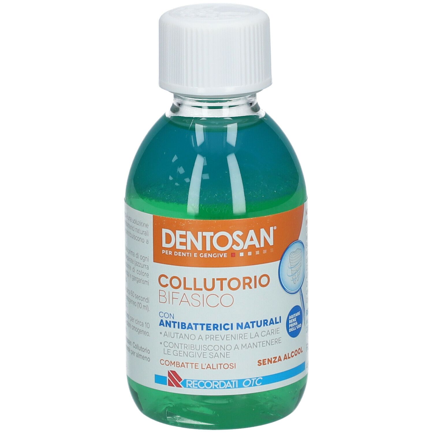 Flacone di collutorio DENTOSAN. Liquido blu, tappo bianco. Contiene informazioni su ingredienti e utilizzo.