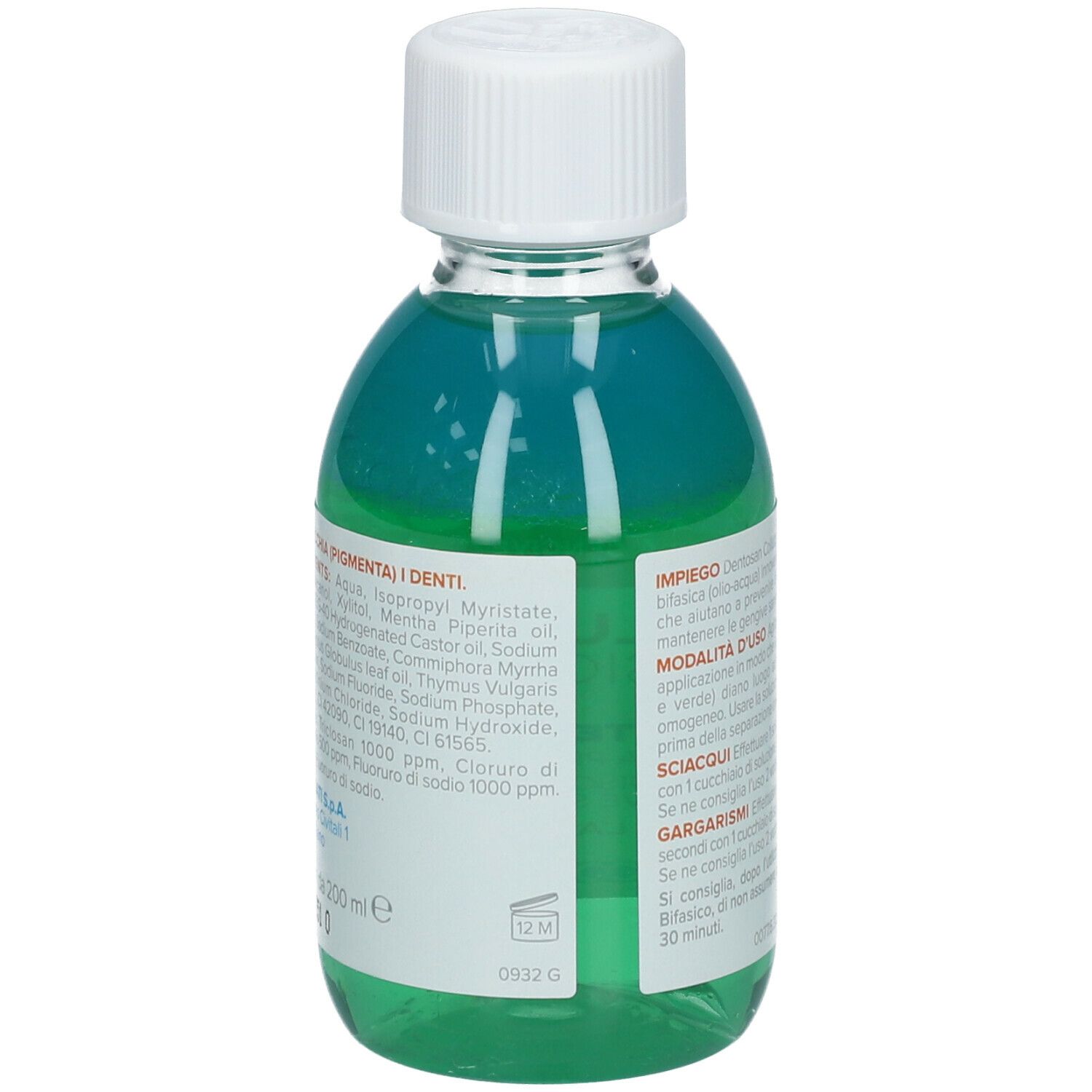 Retro del flacone di collutorio DENTOSAN. Liquido blu, tappo bianco. Contiene informazioni su ingredienti e utilizzo.