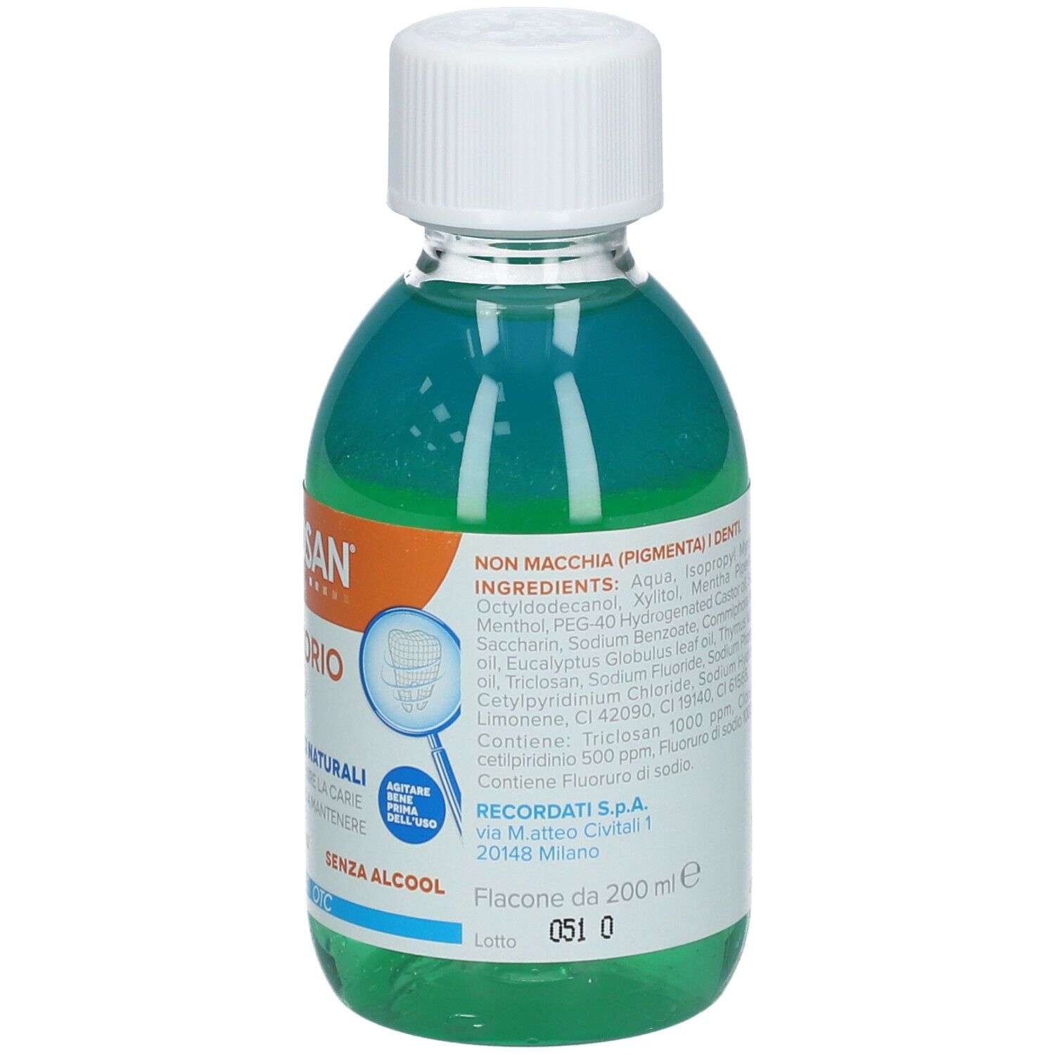 Retro del flacone di collutorio DENTOSAN. Liquido blu, tappo bianco. Contiene informazioni su ingredienti e utilizzo.