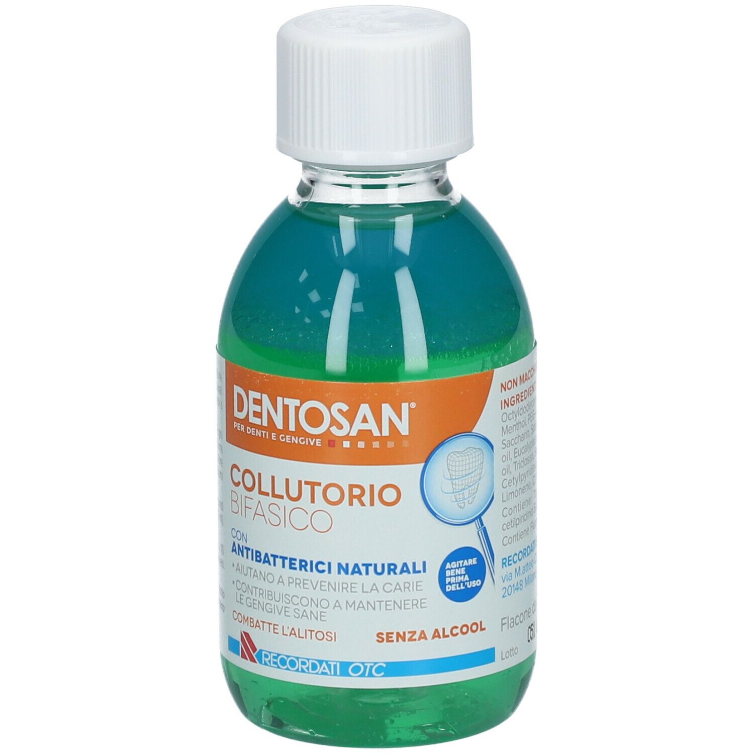Flacone di collutorio DENTOSAN. Liquido blu, tappo bianco. Contiene informazioni su ingredienti e utilizzo.