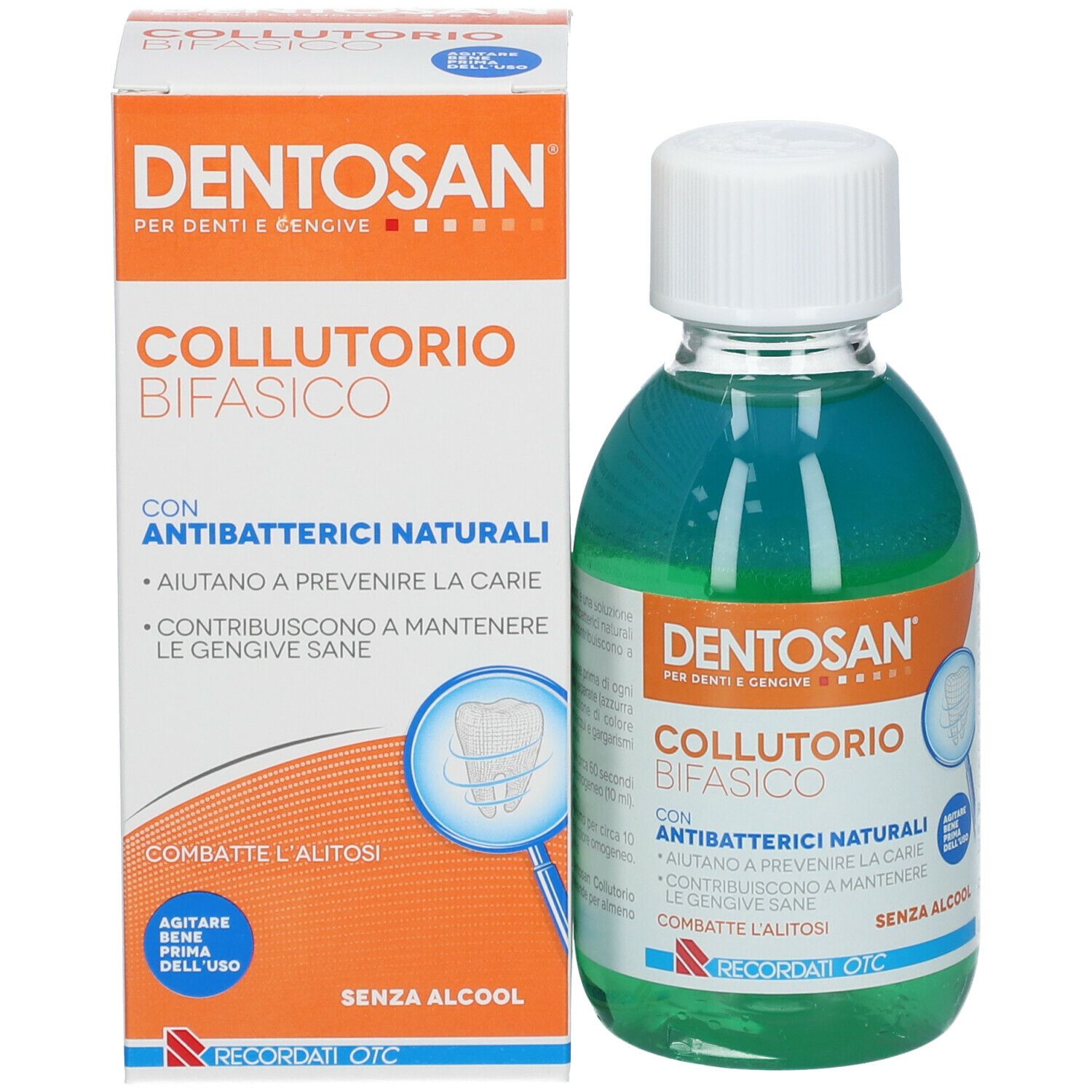 Flacone di collutorio DENTOSAN e confezione in cartone. Liquido blu, tappo bianco. Contiene informazioni su ingredienti e utilizzo.