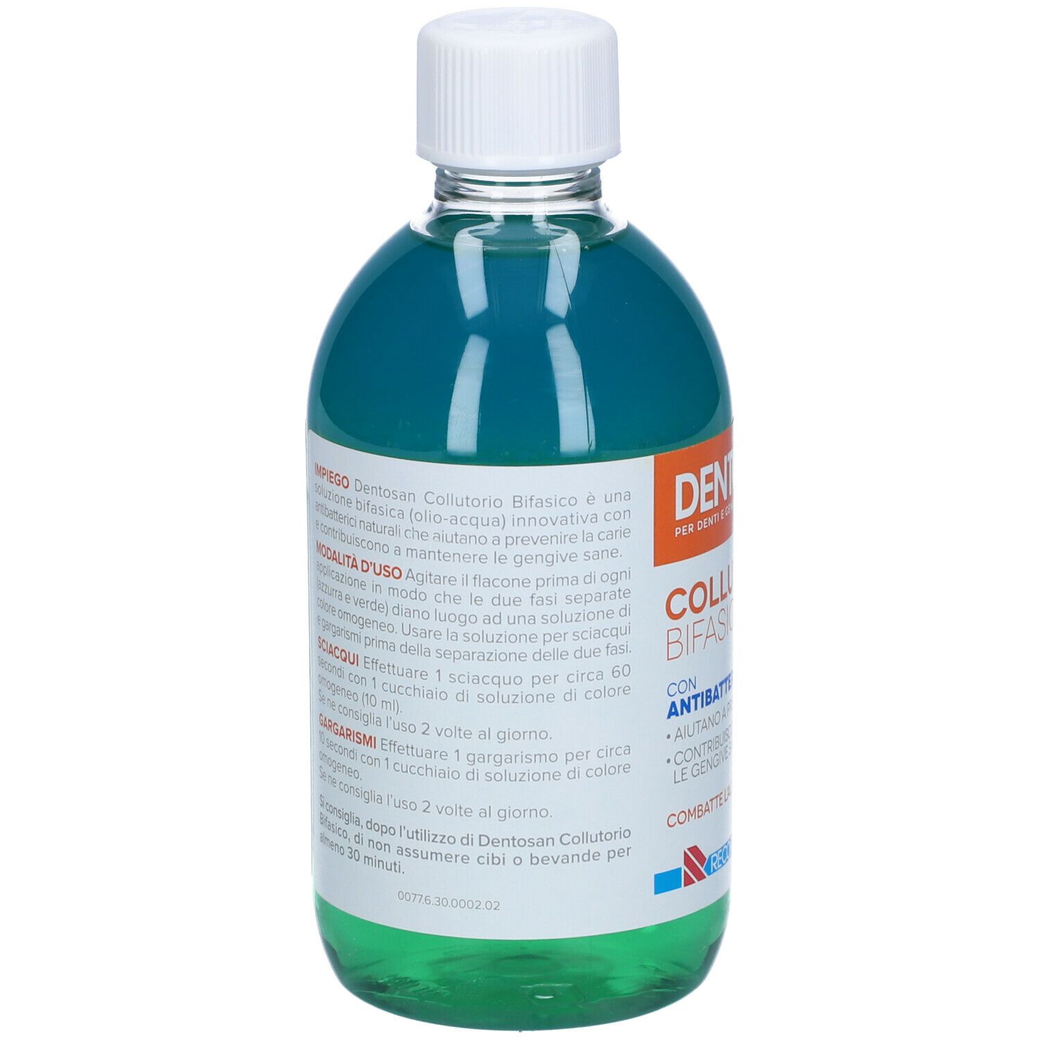 Retro della bottiglia Dentosan Collutorio Bifasico. Testo in italiano. Liquido verde visibile.