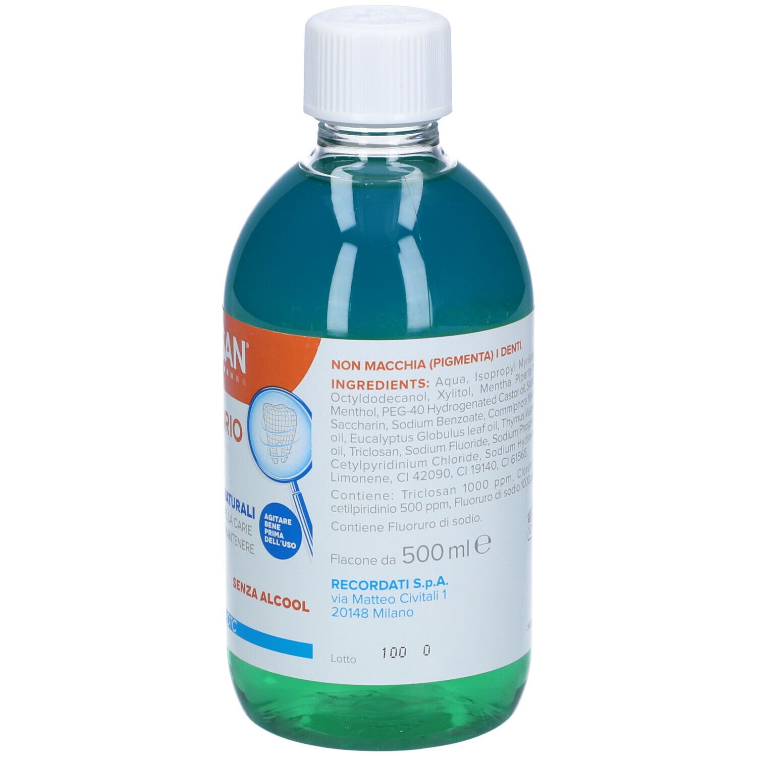 Retro della bottiglia Dentosan Collutorio Bifasico. Ingredienti e indicazione del volume: 500 ml.