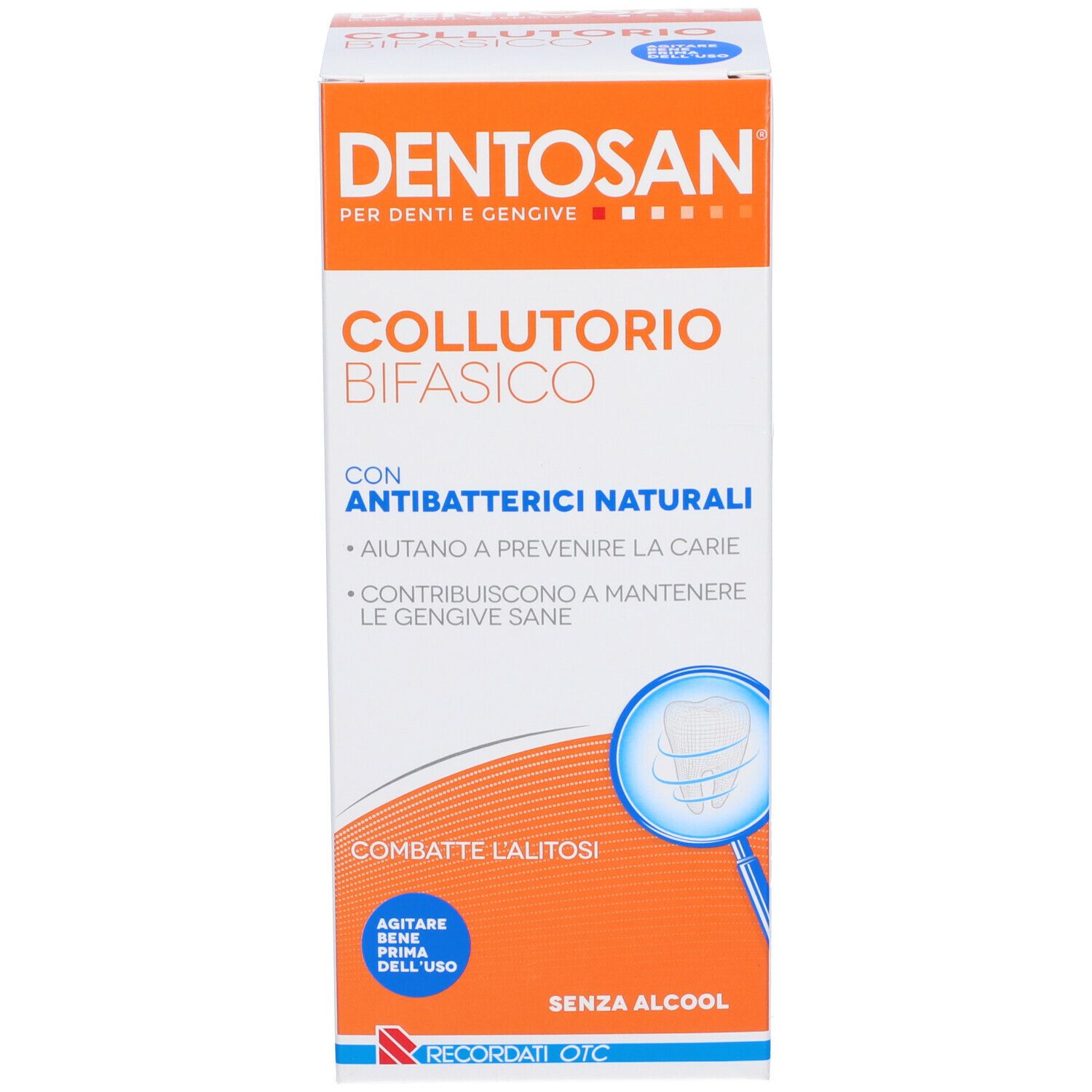 Confezione di Dentosan Collutorio Bifasico. Scatola bianca con dettagli arancioni e informazioni sul prodotto.