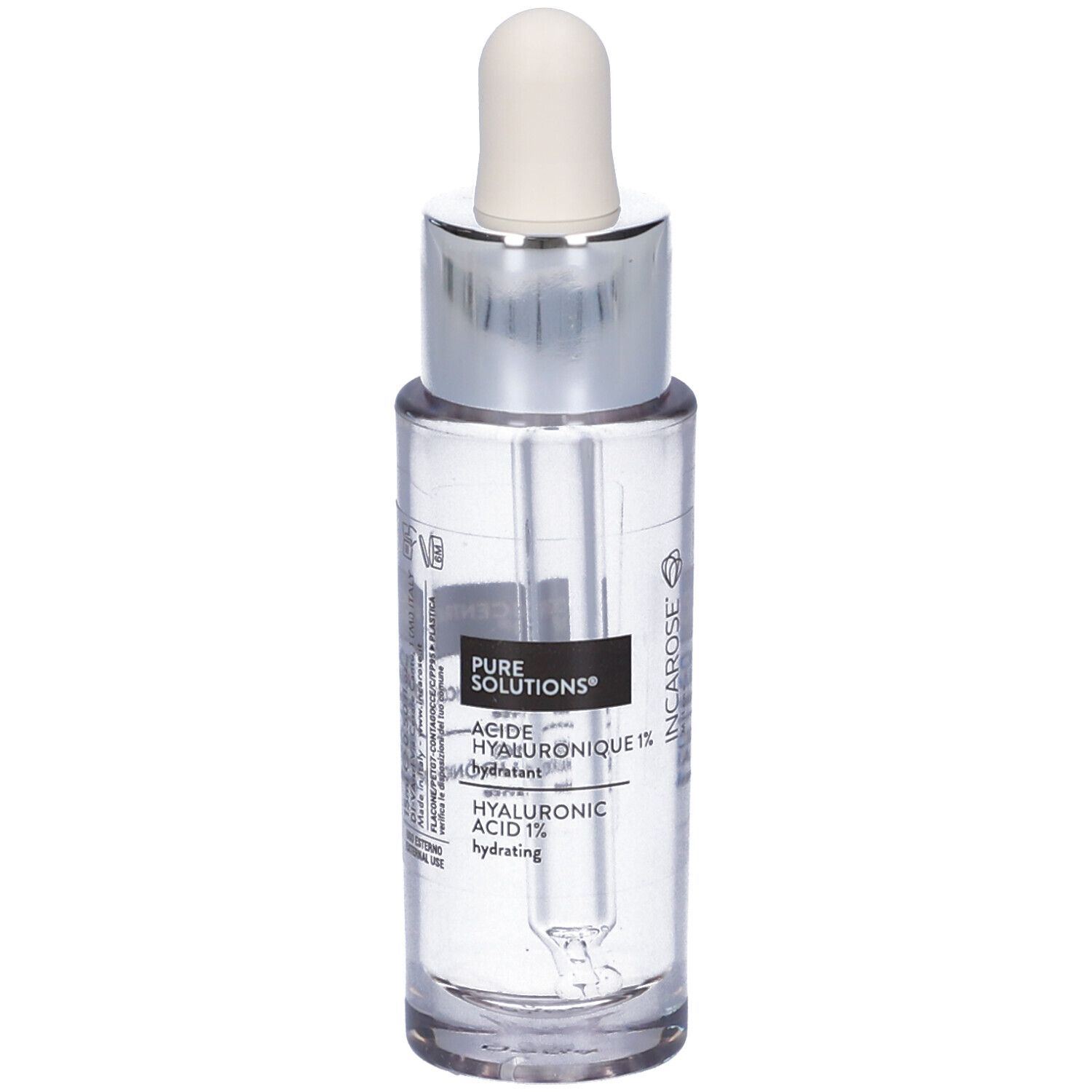 Flacone in vetro trasparente con pipetta. Scritta: PURE SOLUTIONS, Acide Hyaluronique 1%, Hyaluronic Acid 1%.