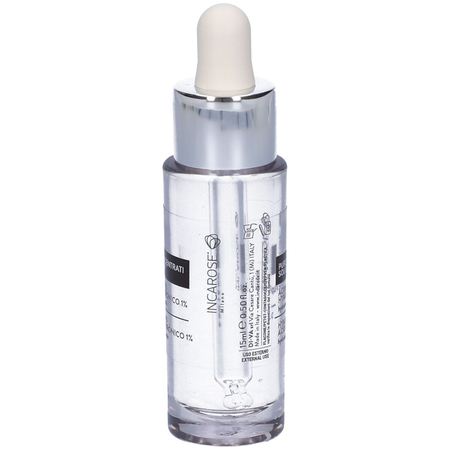 Flacone in vetro trasparente con pipetta. Scritta: INCAROSE, Acido Ialuronico 1%. 15ml.