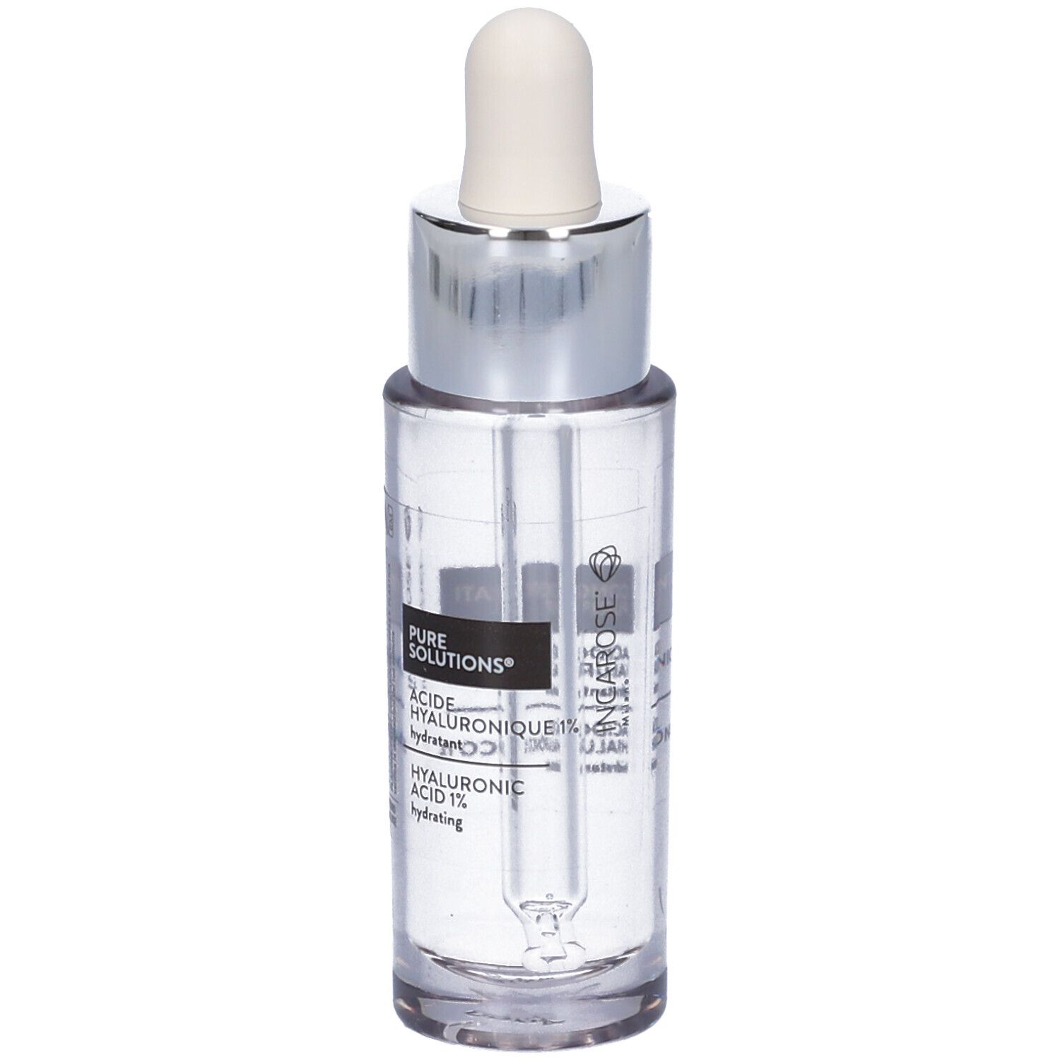 Flacone in vetro trasparente con pipetta. Scritta: PURE SOLUTIONS, Acide Hyaluronique 1%, Hyaluronic Acid 1%.