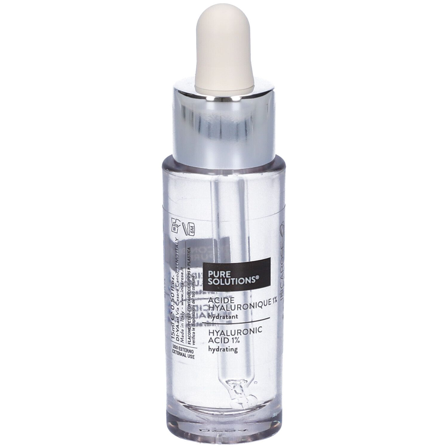Flacone in vetro trasparente con pipetta. Scritta: PURE SOLUTIONS, Acide Hyaluronique 1%, Hyaluronic Acid 1%.