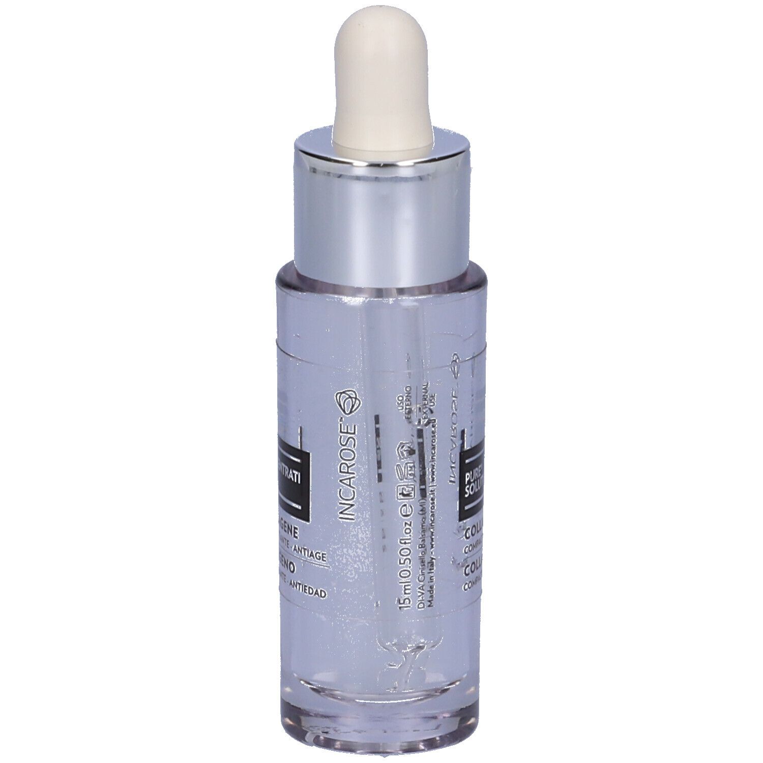 Klarer Flakon mit silberner Kappe und Pipette. Aufschrift: INCAROSE, COLLAGENE, 15 ml.