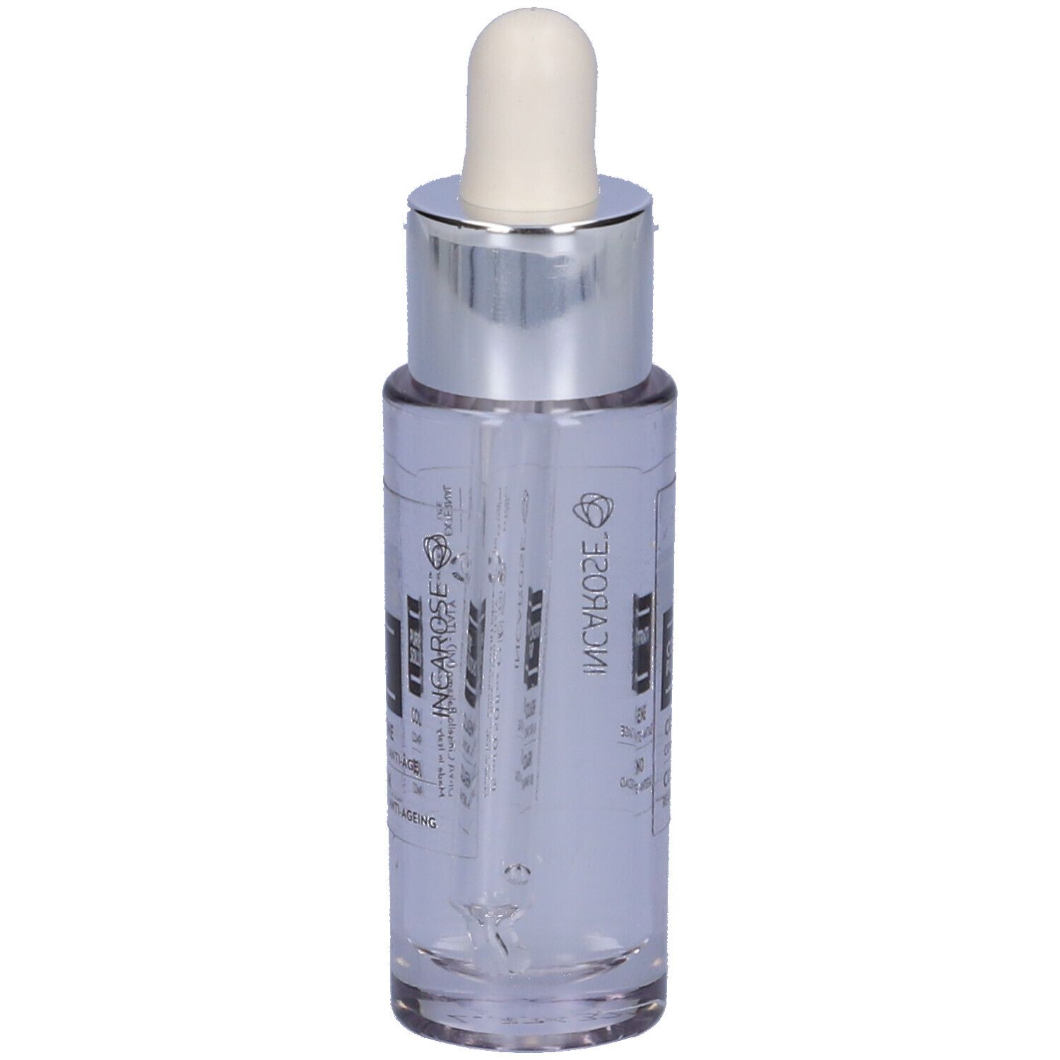 Klarer Flakon mit silberner Kappe und Pipette. Aufschrift: INCAROSE, COLLAGENE, COMPACTING ANTI-AGEING.