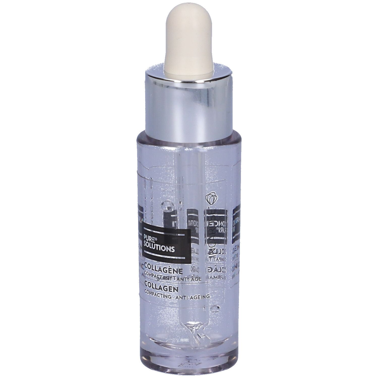 Klarer Flakon mit silberner Kappe und Pipette. Aufschrift: COLLAGENE, COMPACTING ANTI-AGEING.