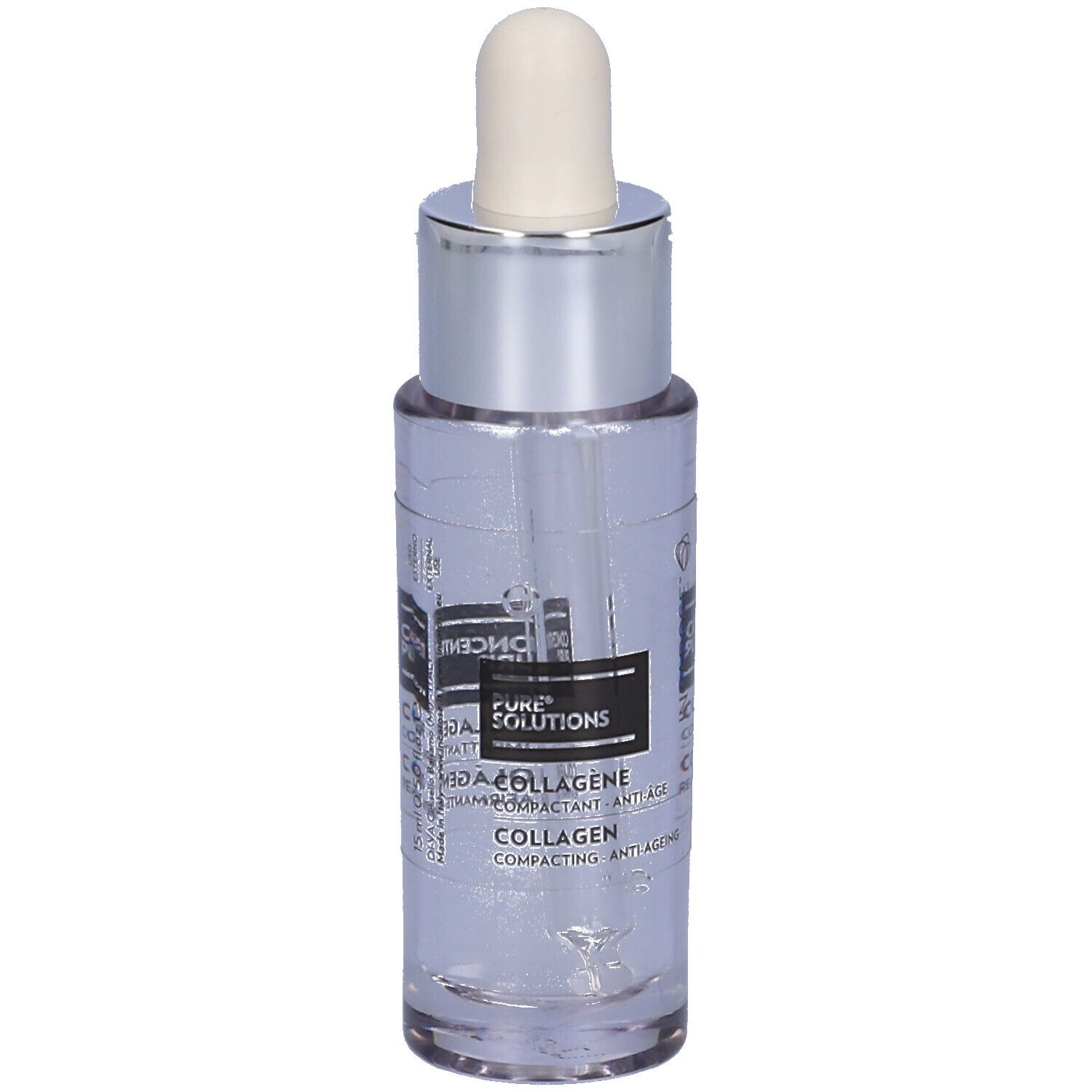 Klarer Flakon mit silberner Kappe und Pipette. Aufschrift: COLLAGENE, COMPACTING ANTI-AGEING.