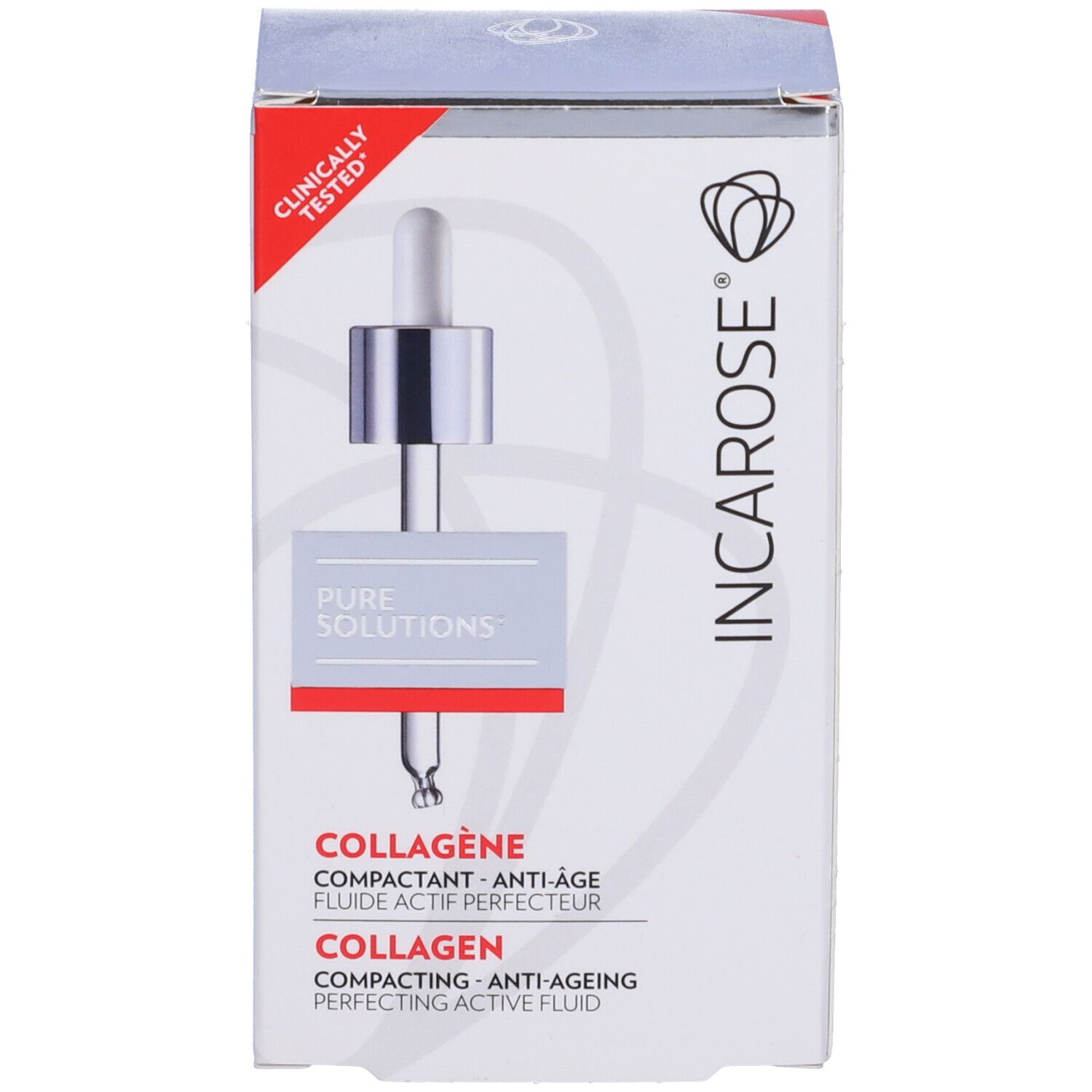 Produktverpackung. Aufschrift: INCAROSE, COLLAGENE, CLINICALLY TESTED.