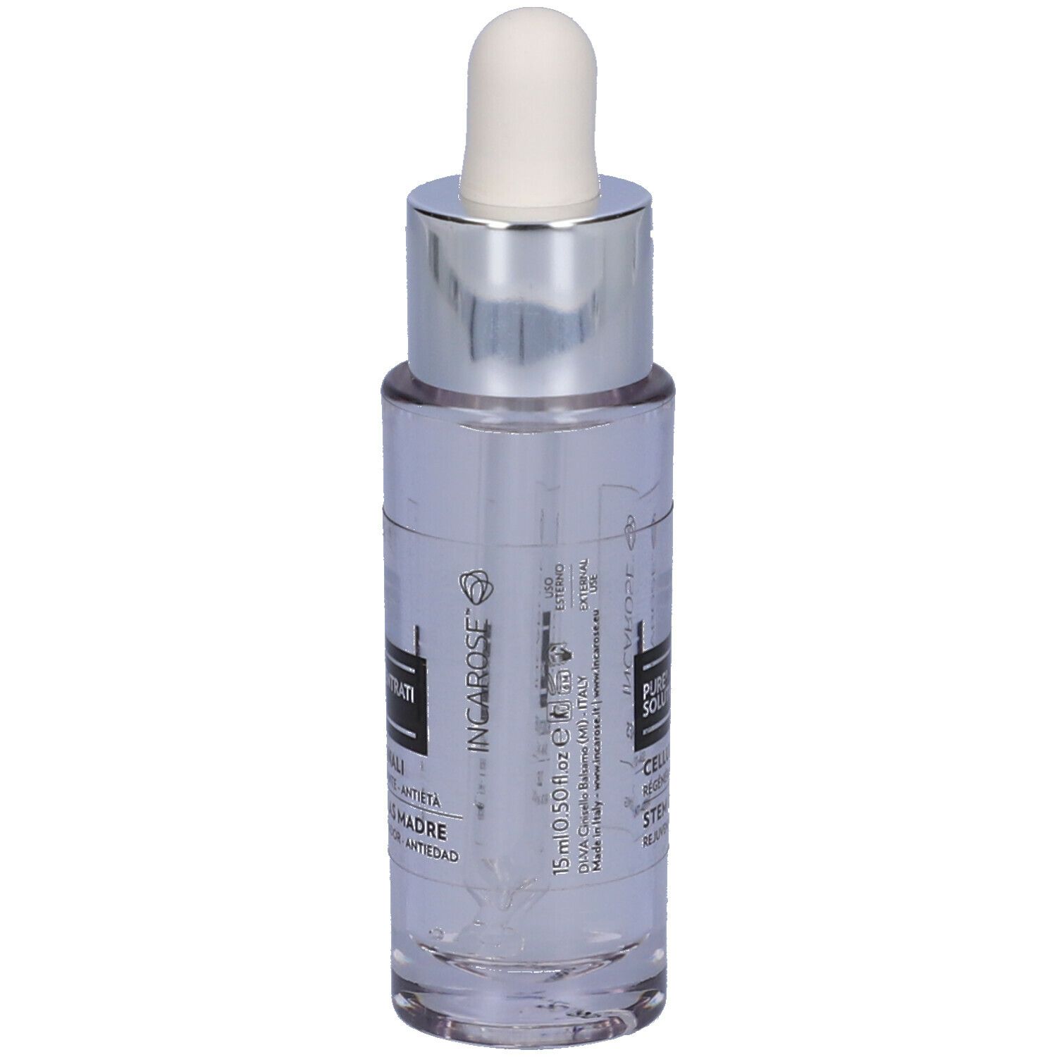 Flacone trasparente con tappo argento e pipetta. Scritte: CELLULES SOUCHES, STEM CELLS. Marchio: INCAROSE®.