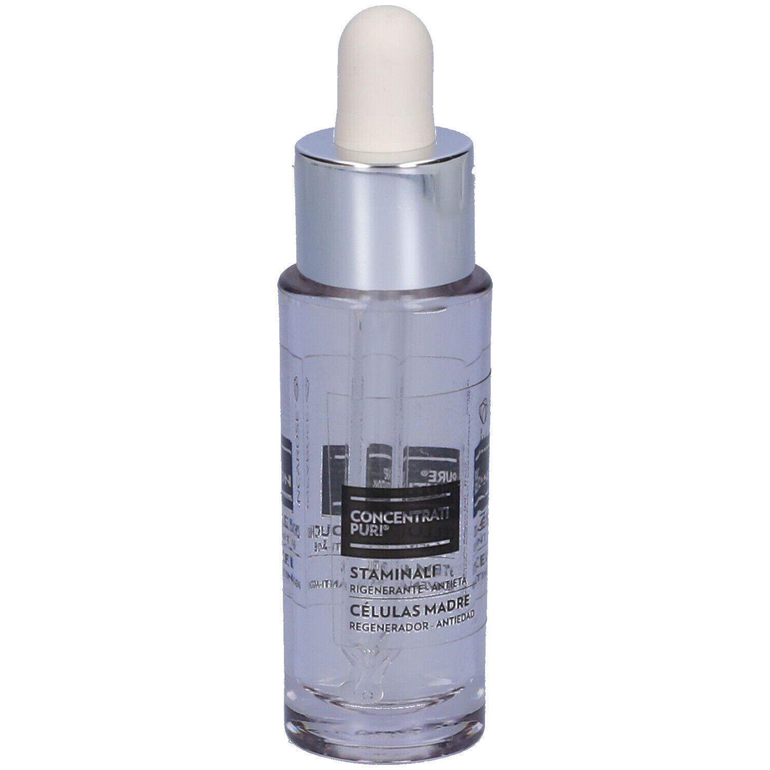 Flacone trasparente con tappo argento e pipetta. Scritte: CELLULES SOUCHES, STEM CELLS. Marchio: INCAROSE®.