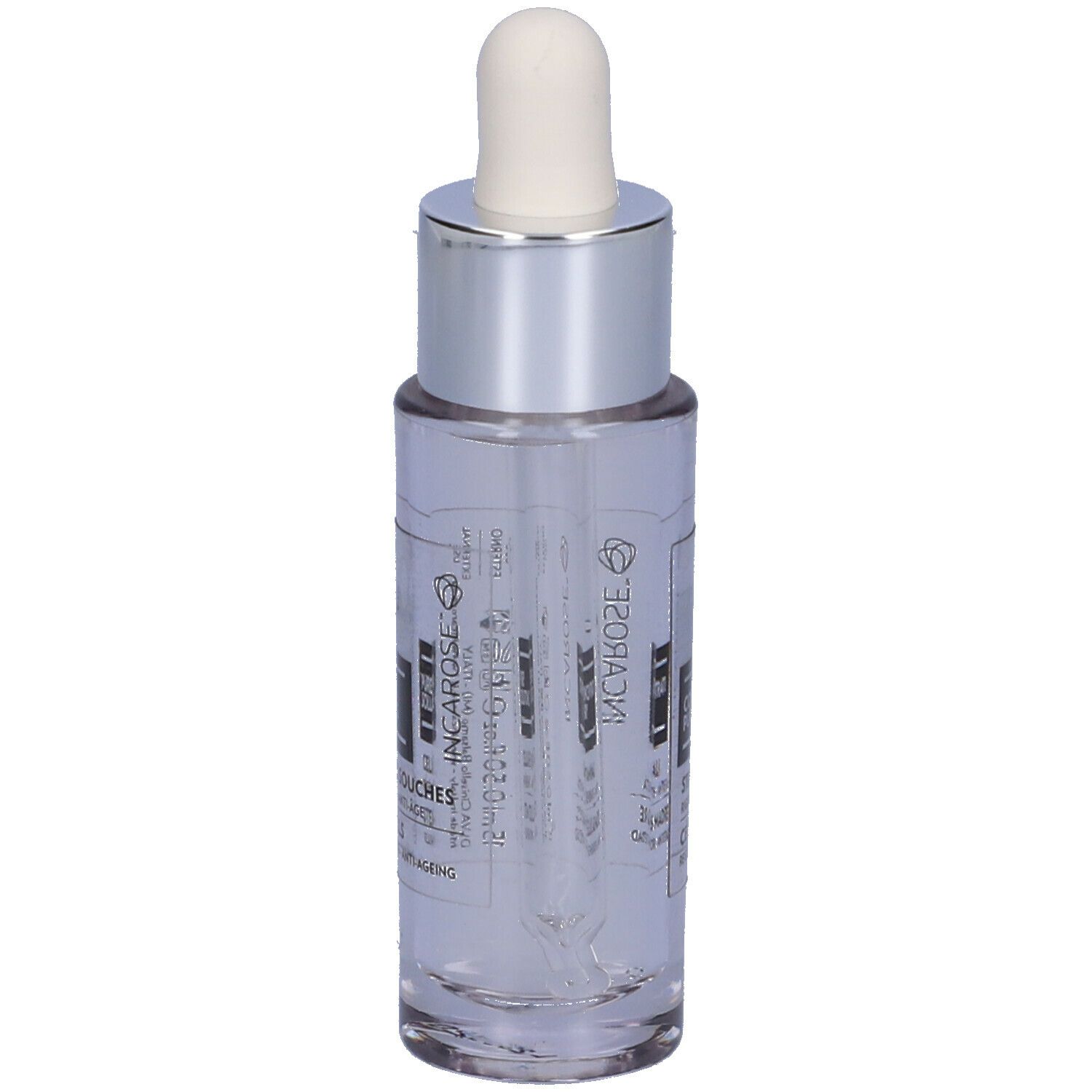 Flacone trasparente con tappo argento e pipetta. Scritte: CELLULES SOUCHES, STEM CELLS. Marchio: INCAROSE®.