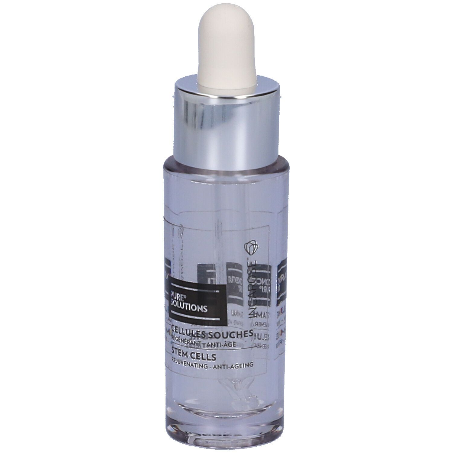 Flacone trasparente con tappo argento e pipetta. Scritte: CELLULES SOUCHES, STEM CELLS. Marchio: INCAROSE®.