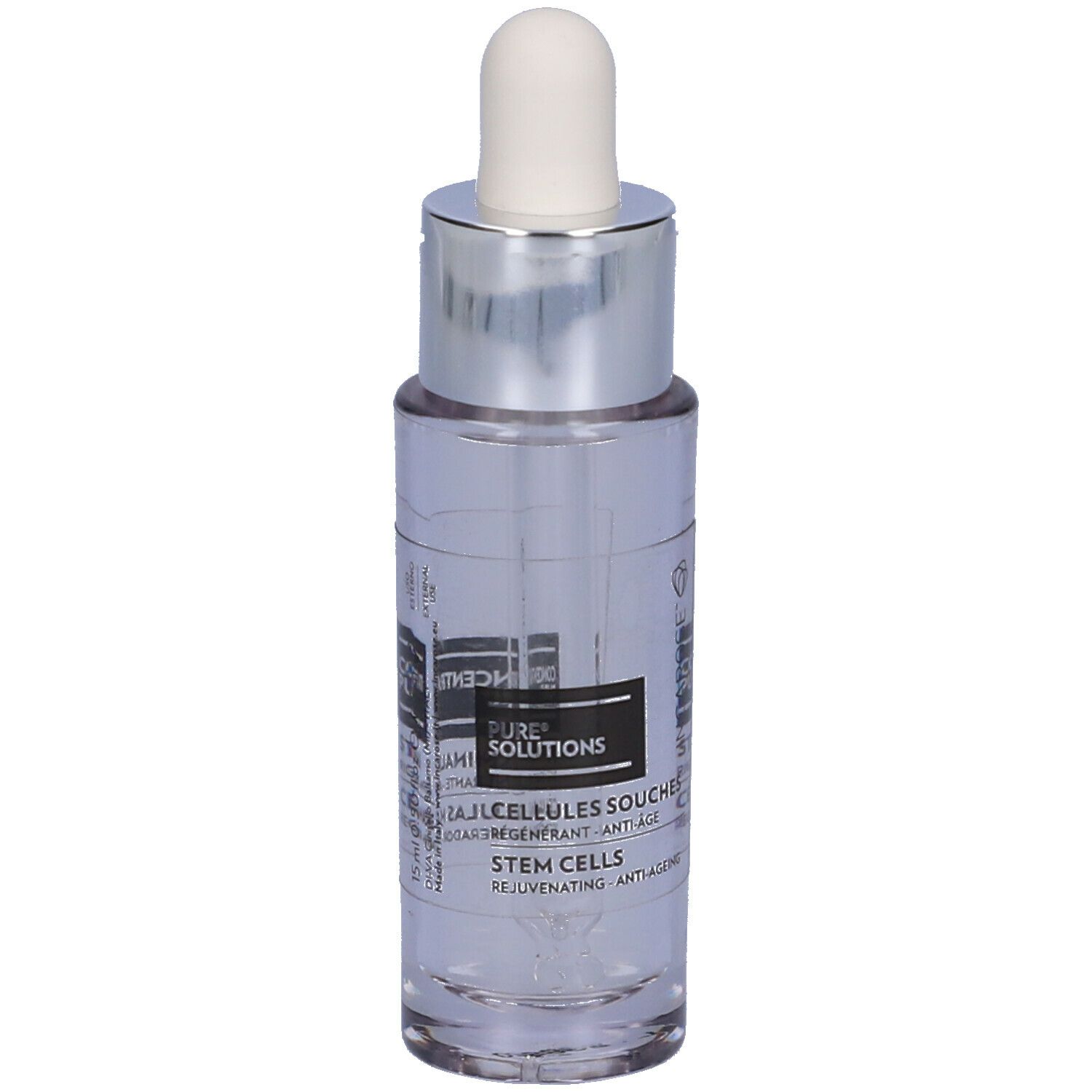 Flacone trasparente con tappo argento e pipetta. Scritte: CELLULES SOUCHES, STEM CELLS. Marchio: INCAROSE®.