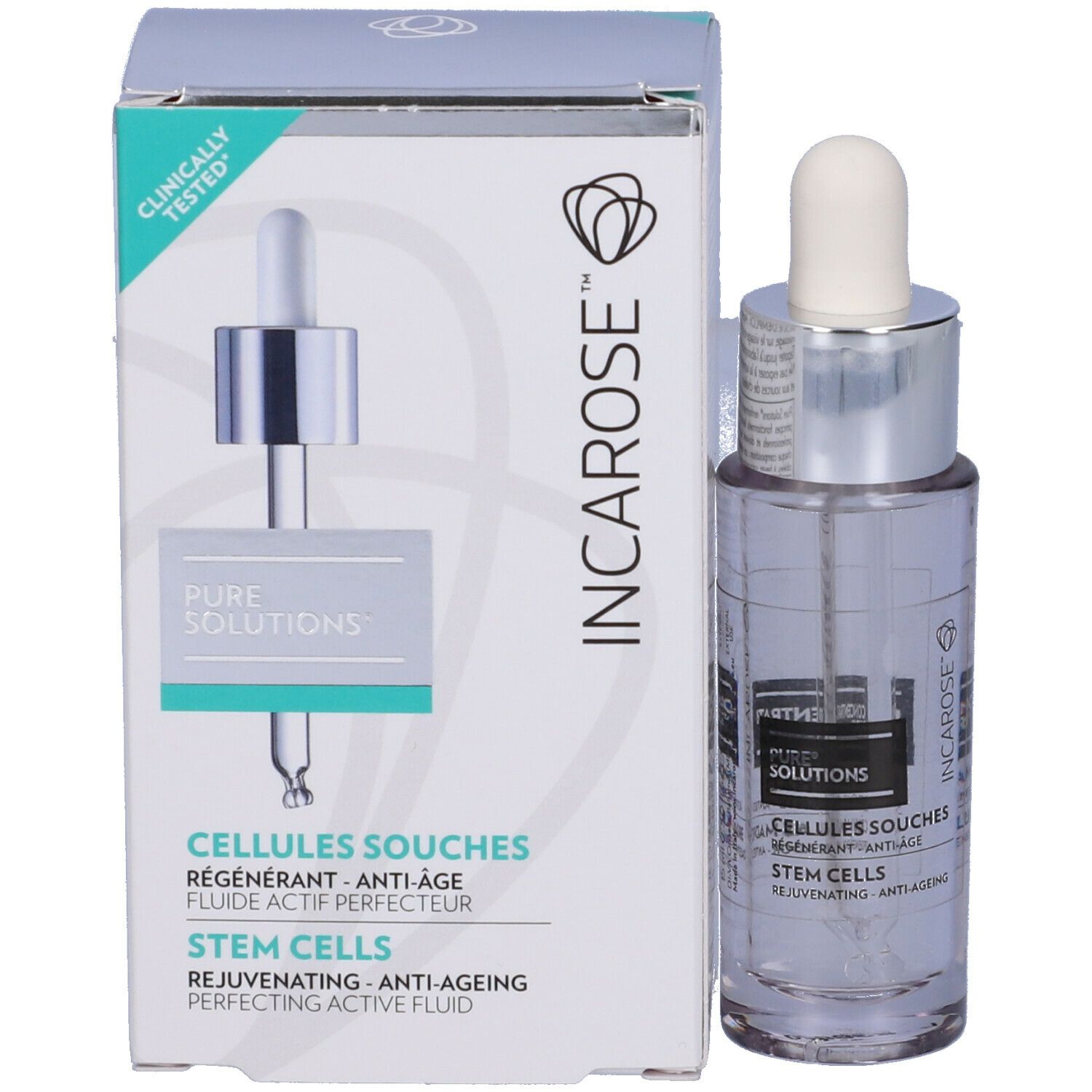 Flacone e confezione. Flacone con pipetta. Confezione con scritte: CELLULES SOUCHES, STEM CELLS. Marchio: INCAROSE®.