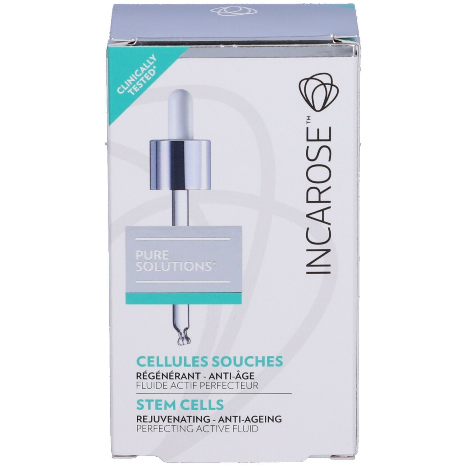 Confezione del prodotto. Scritte: CELLULES SOUCHES, STEM CELLS. Marchio: INCAROSE®. Clinicamente testato.