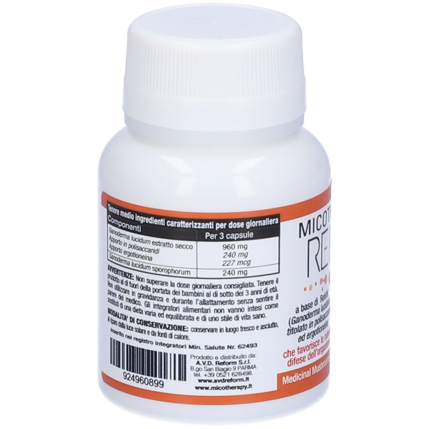 Retro di un flacone bianco di capsule. Testo con ingredienti e dosaggio. Codice a barre e informazioni produttore.