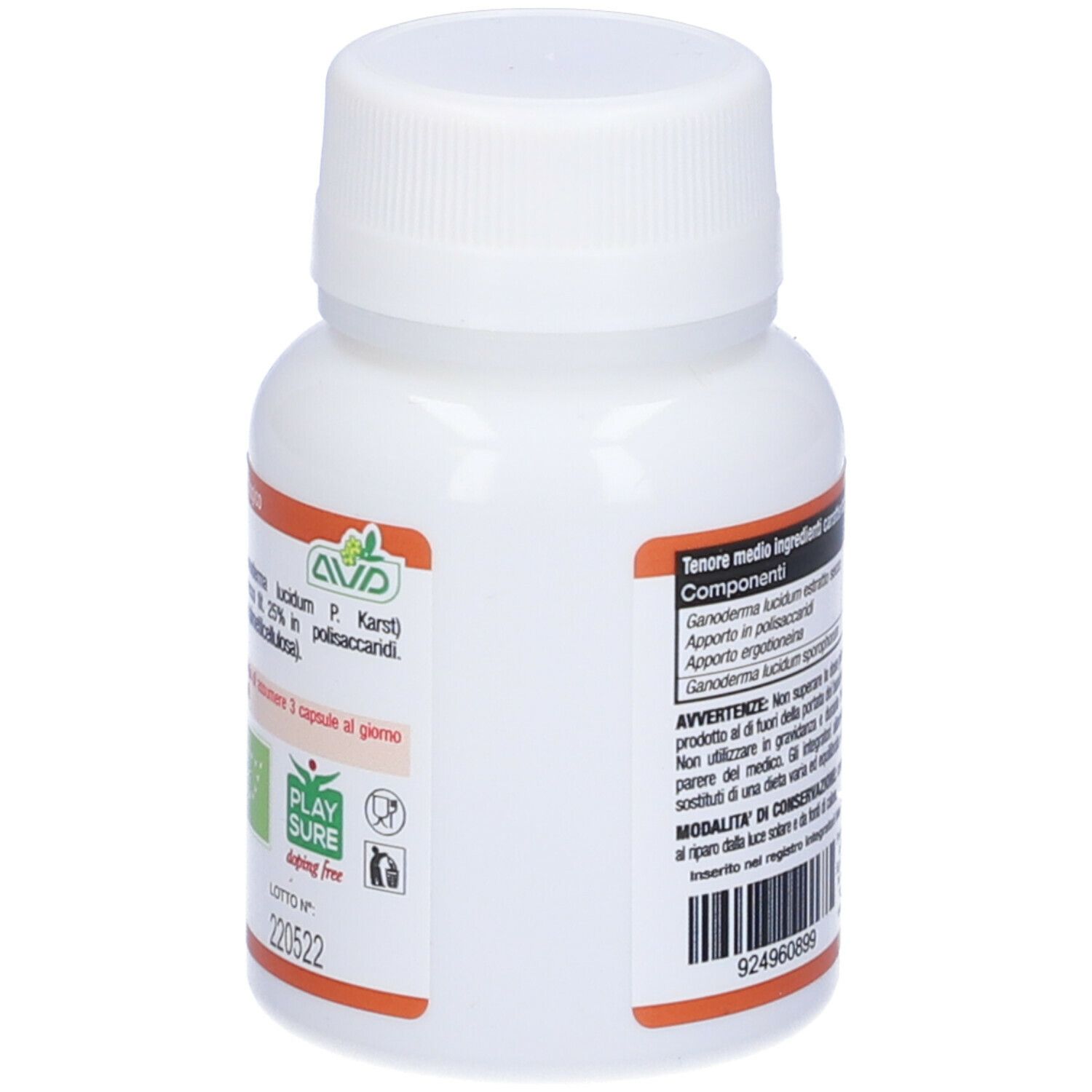 Flacone bianco di capsule. Scritta: AVD, Play Sure, senza glutine. Accenti arancioni. Certificazione bio.
